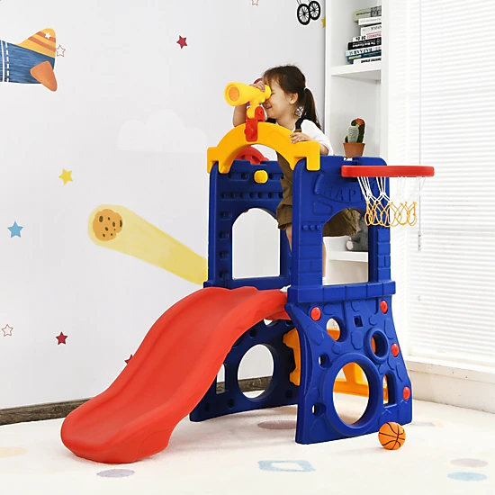 LJG 6-in-1 Freestanding Kids Slide with Basketball Hoop and Ring Toss