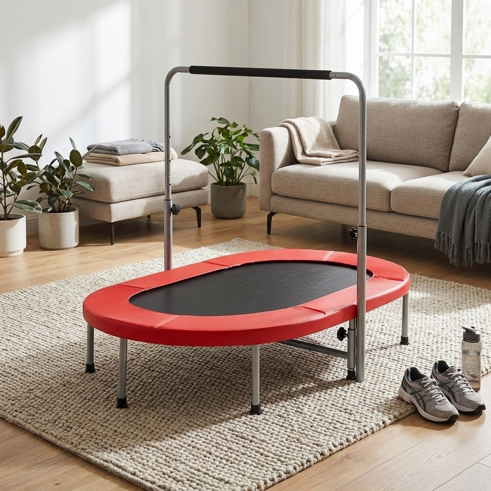 2-Person Folding Rebounder Trampoline Adjustable Foam Handle 36-in to 52-in 5 Levels 330-lb 40 Springs Red