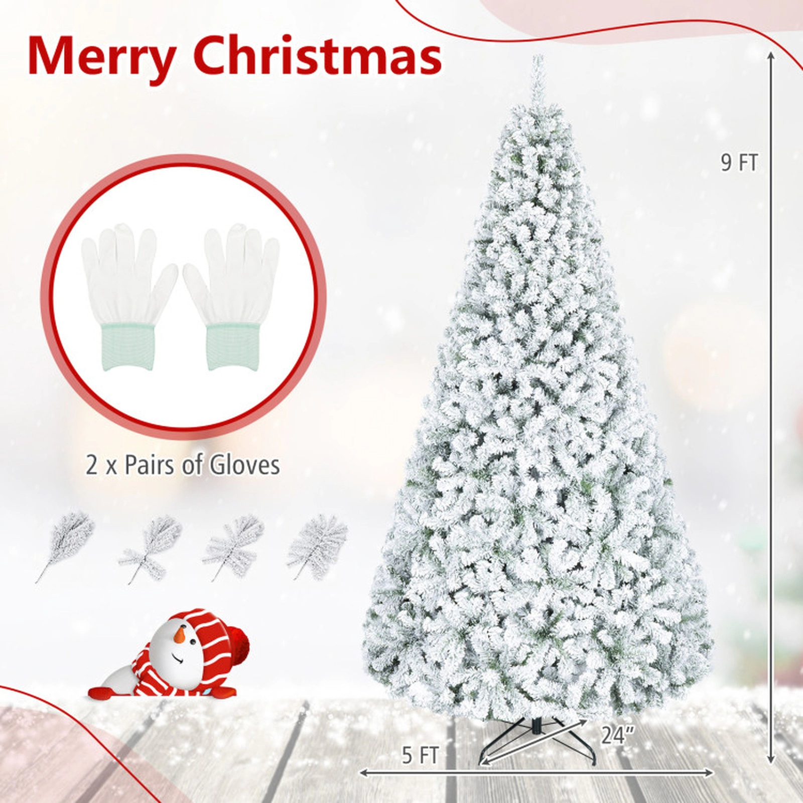 SUGIFT Snow-Flocked Artificial Spruce Christmas Tree 9-ft Tall with 1498 Branch Tips Hinged Design White & Green