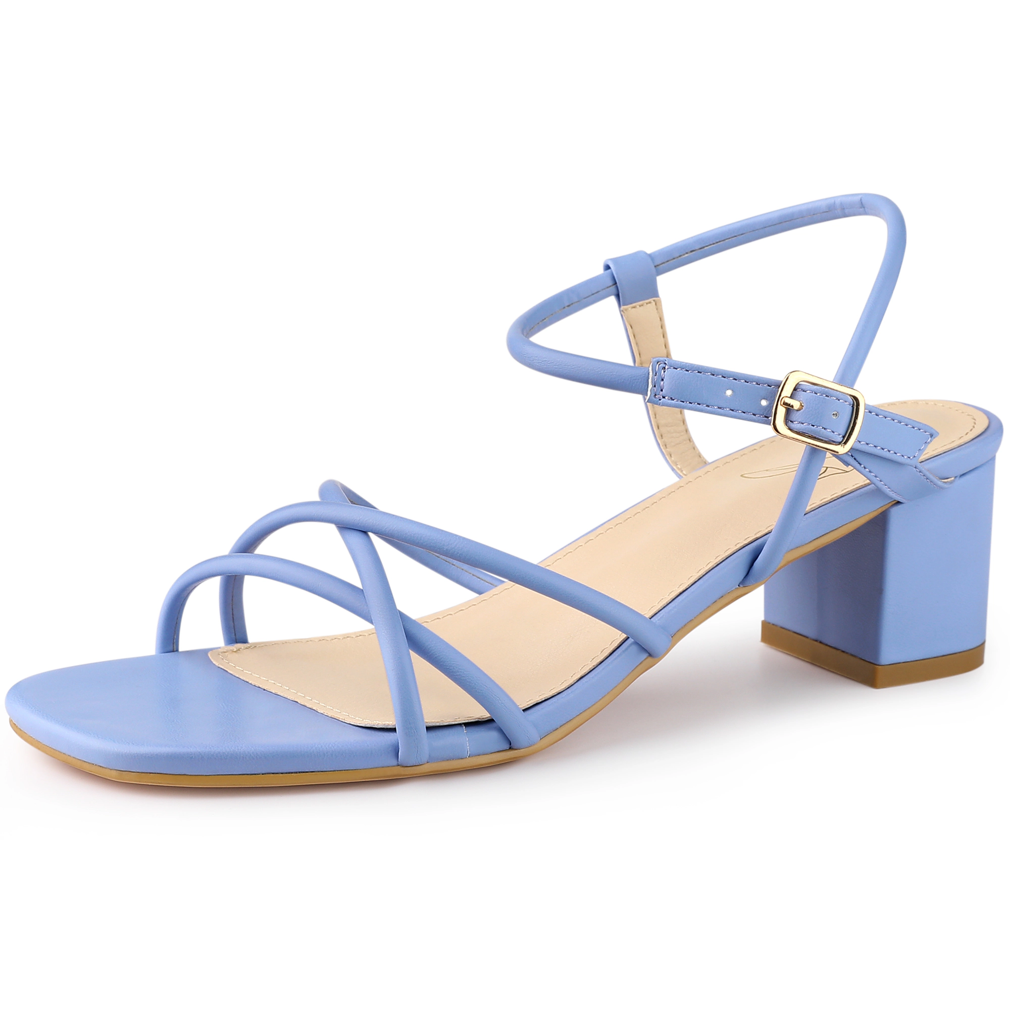 BLISSFUL STEP Women Faux Leather Strappy Square Toe Slingback Chunky Heel Sandals