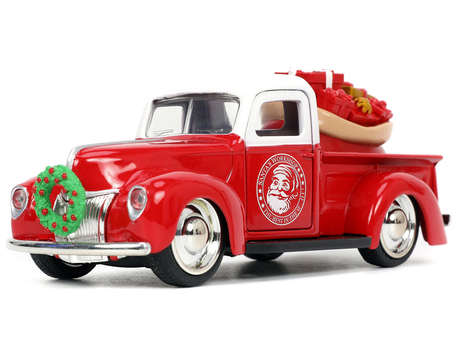 Jada 1941 Ford Pickup Truck Red And White "Santa'S Workshop" And 1957 Chevrolet Bel Air Red Metallic And White