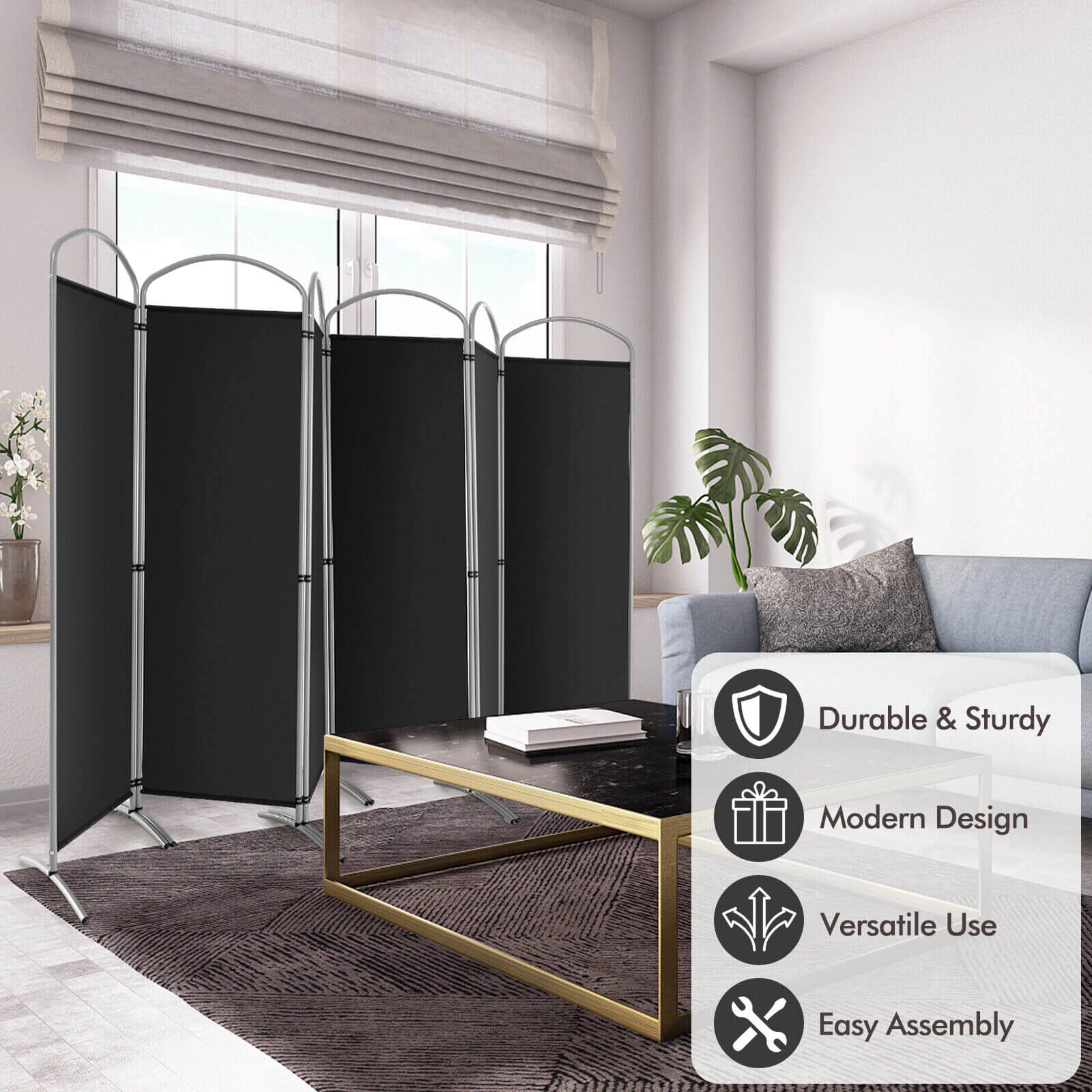 SUGIFT Black 6-Panel 131-in Wide 74-in Tall Freestanding Folding Room Divider Screen with Curved Base