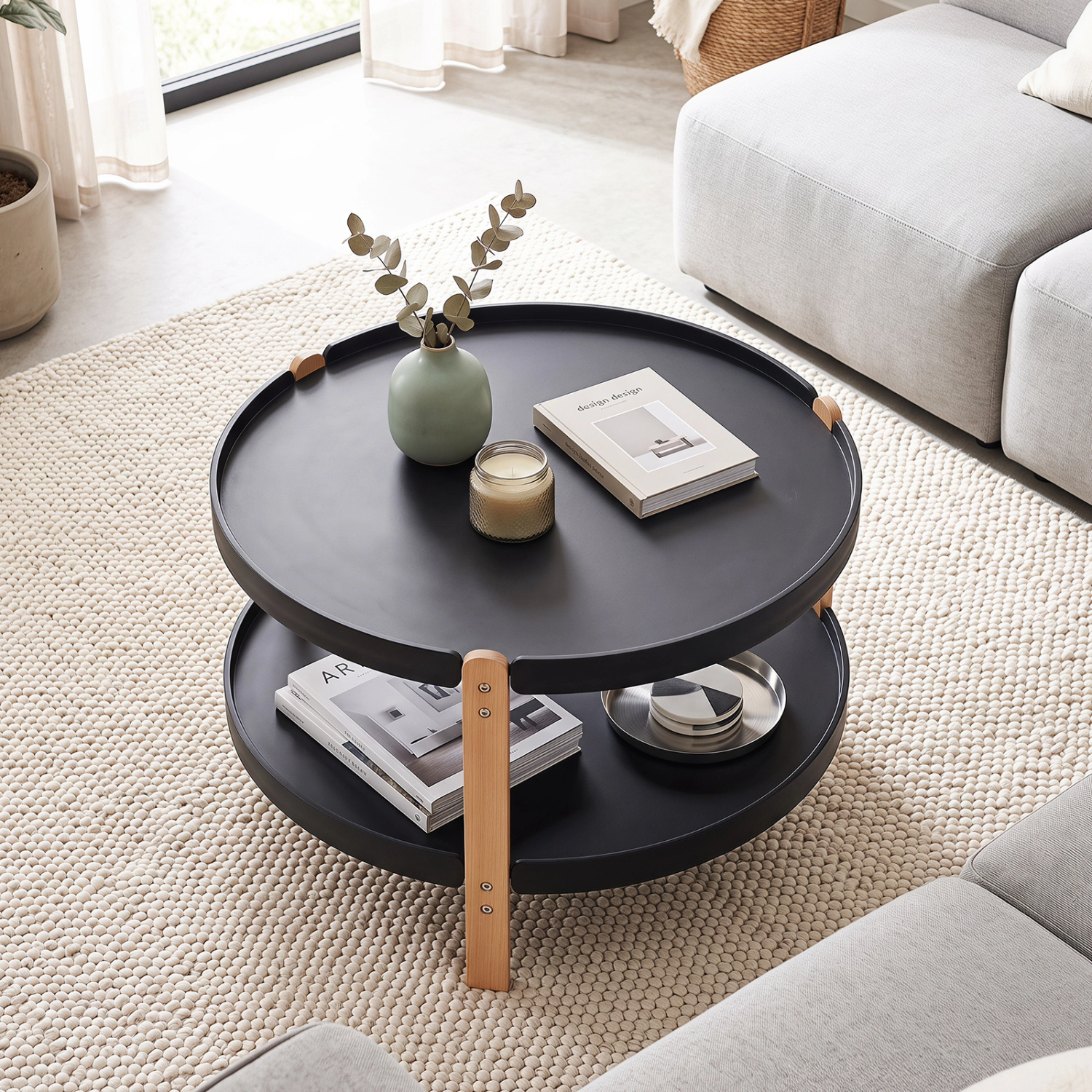 LJG 2-Tier Round Coffee Table with Open Storage Shelf and Solid Beech Wood Legs for Living Room