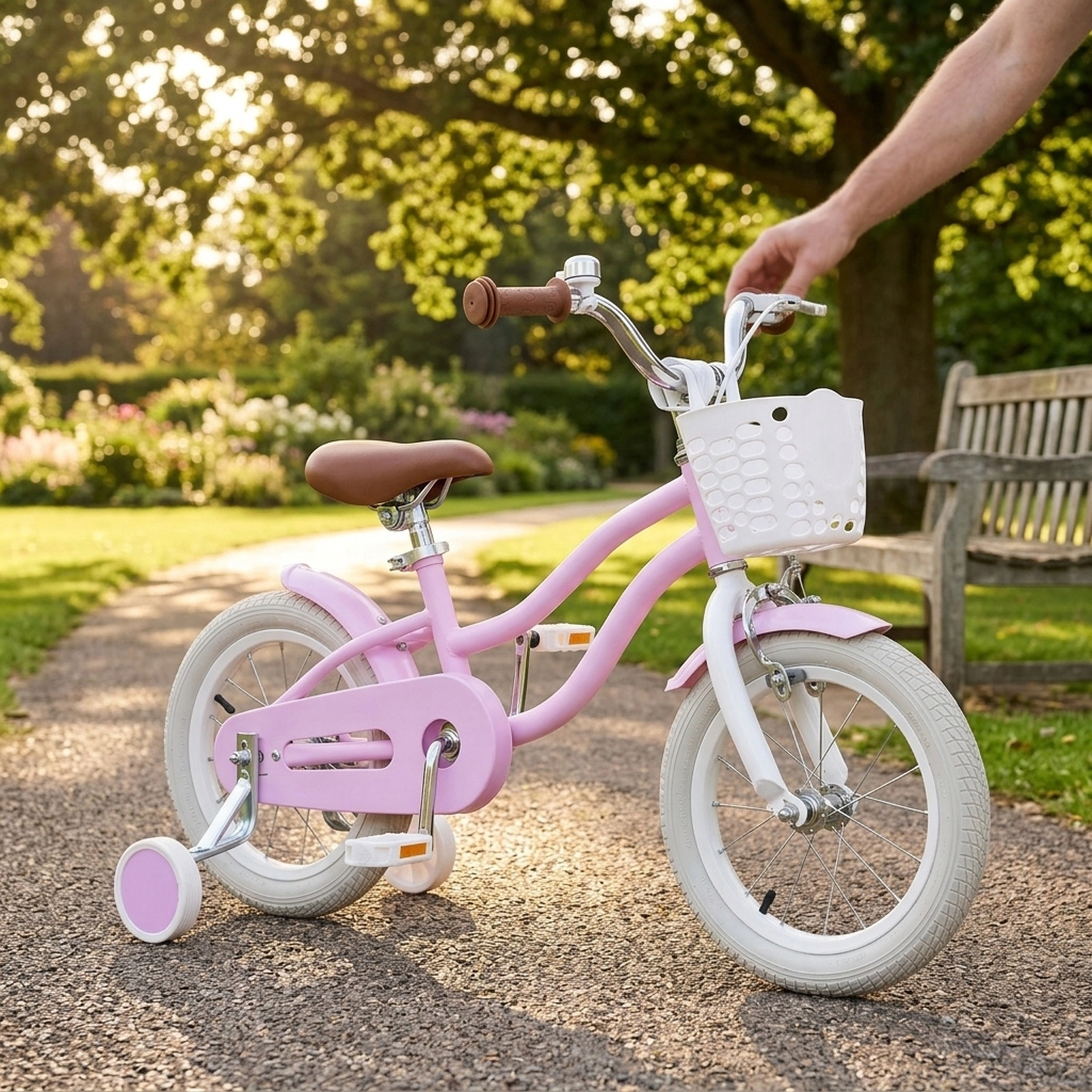 14-in Girls Bike Removable Front Basket Training Wheels Padded Saddle and Dual Brakes for Toddlers Ages 3-5 Purple