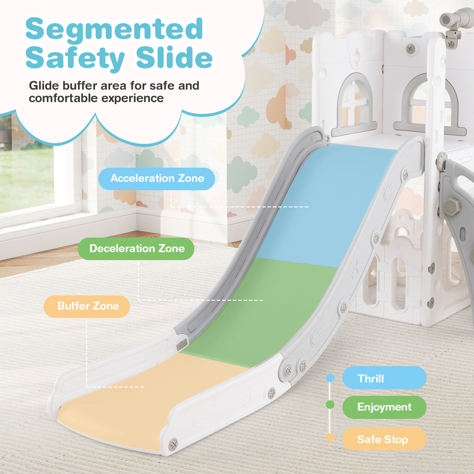 6-in-1 Toddler Slide L-Shaped Playground 51-in Slide Enclosed Non-Slip Steps Basketball Hoop 110-lb Ages 1-3 Gray