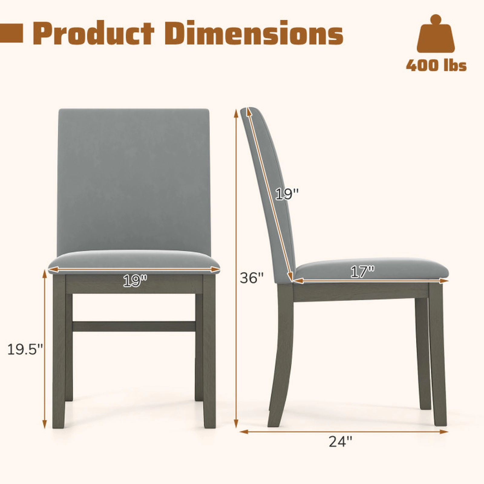 SUGIFT Upholstered Velvet Dining Chairs Set of 2 with High Back Rubber Wood Legs 400-Lb Capacity Gray