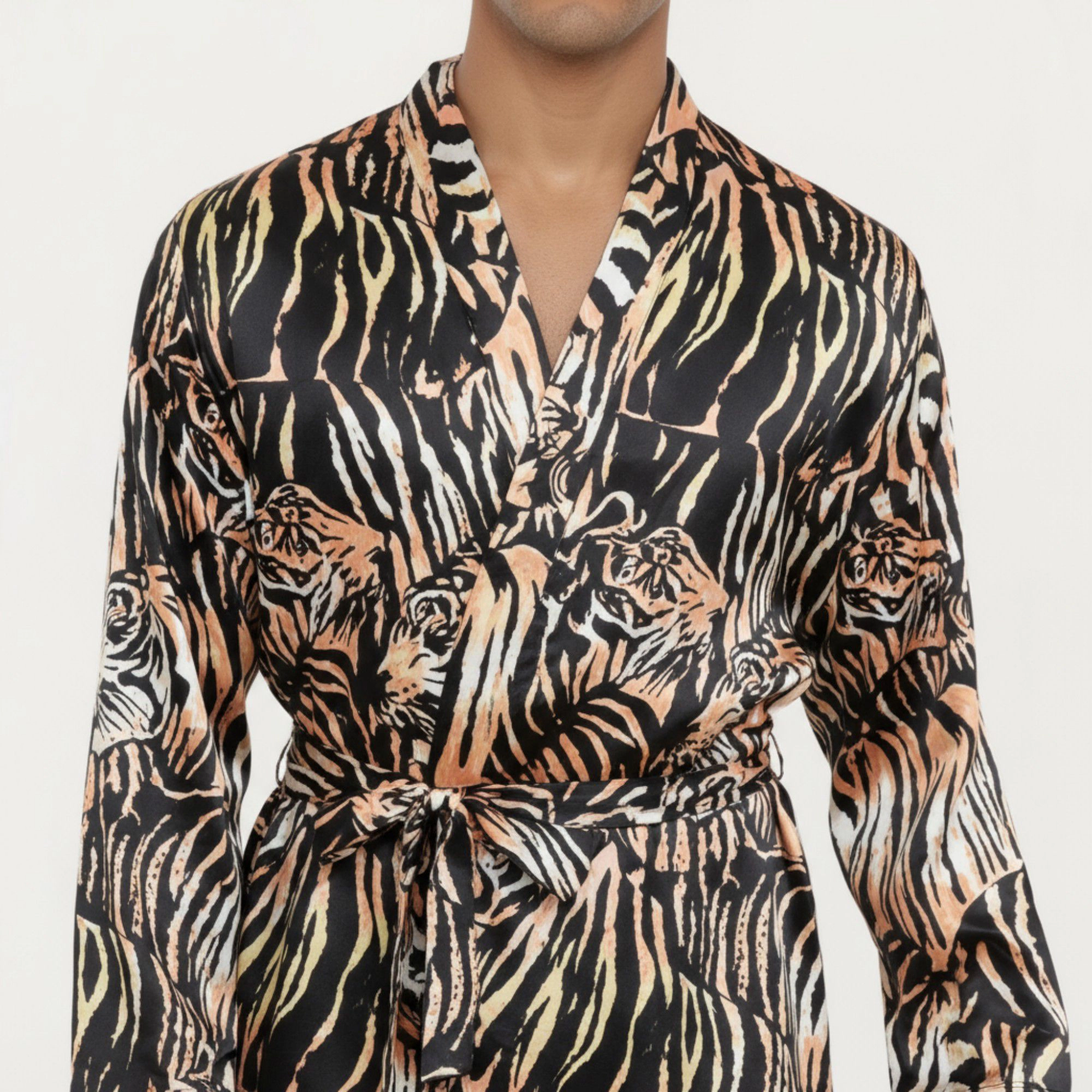 Anna-Kaci Men's Satin Robe with Tiger Print Design and Adjustable Waist Tie