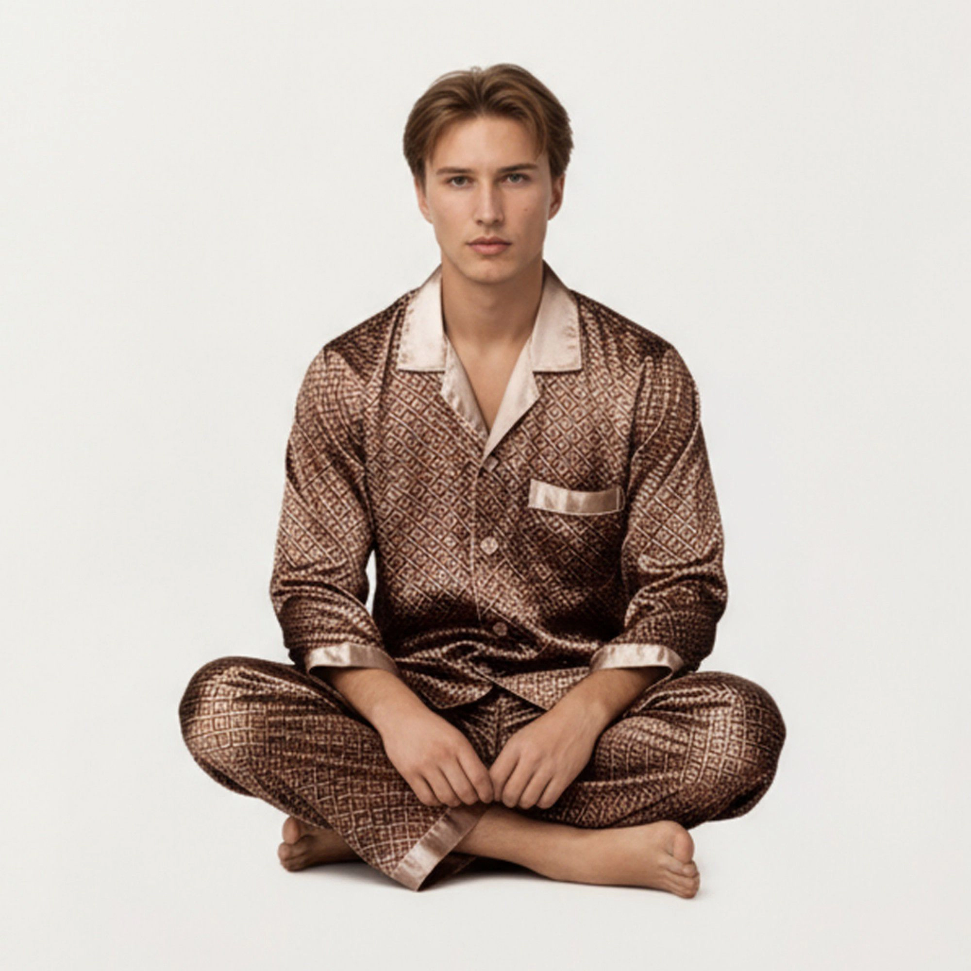 Anna-Kaci Men's 2-Piece Satin Pajamas with Geometric Print Button Up Top and Matching Pants