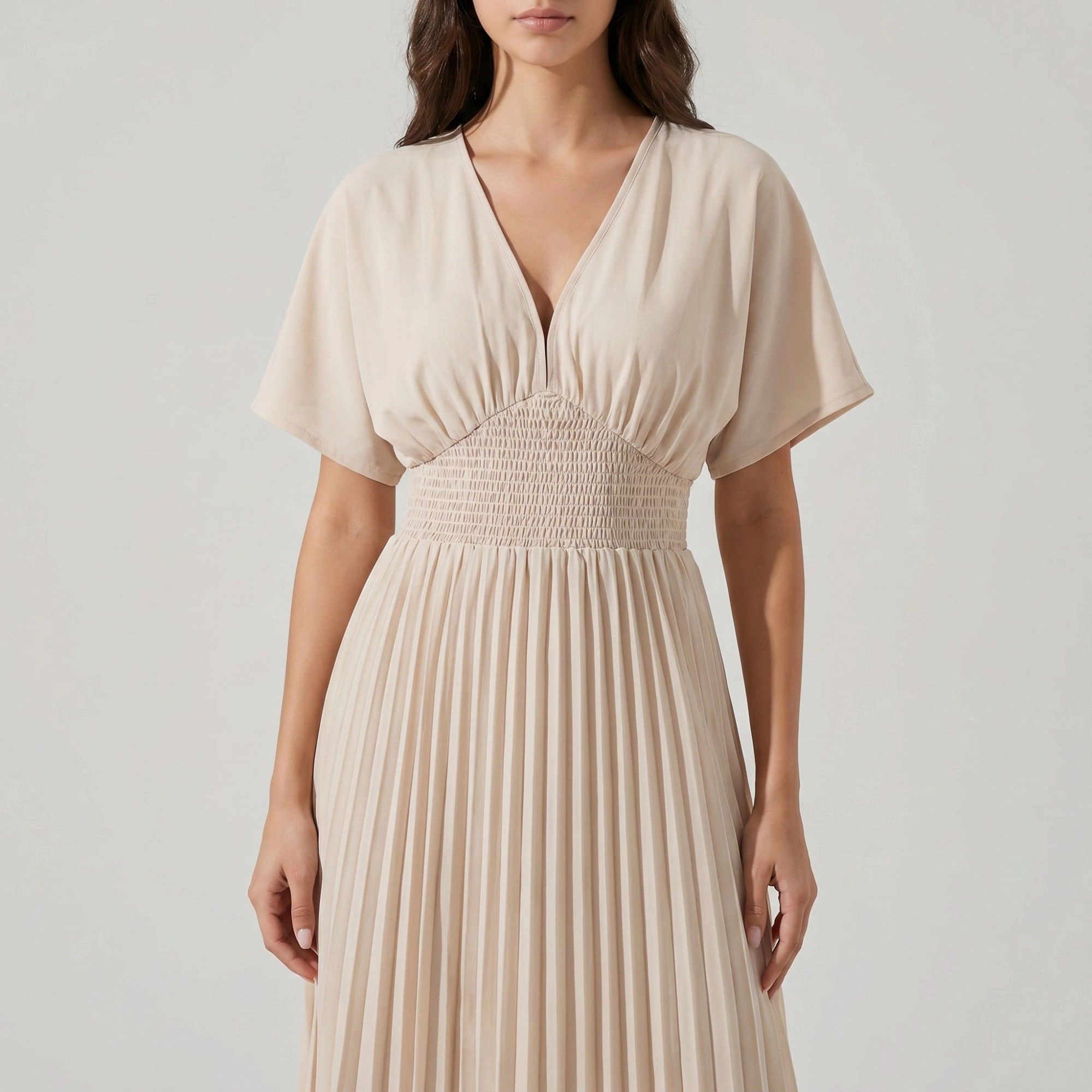 Anna-Kaci Women's Pleated V-Neckline Short Flutter Sleeves Smocked Waist A-Line Skirt Maxi Dress