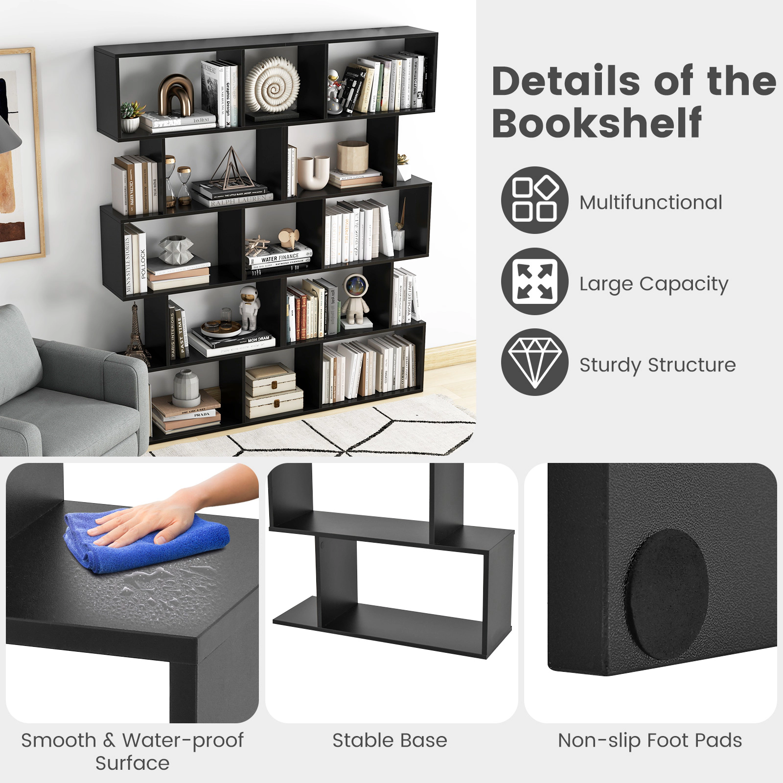 SUGIFT 5-Tier Black 62.5-in S-Shaped Geometric Bookshelf Room Divider with Anti-Toppling Device and 45-lb Shelves