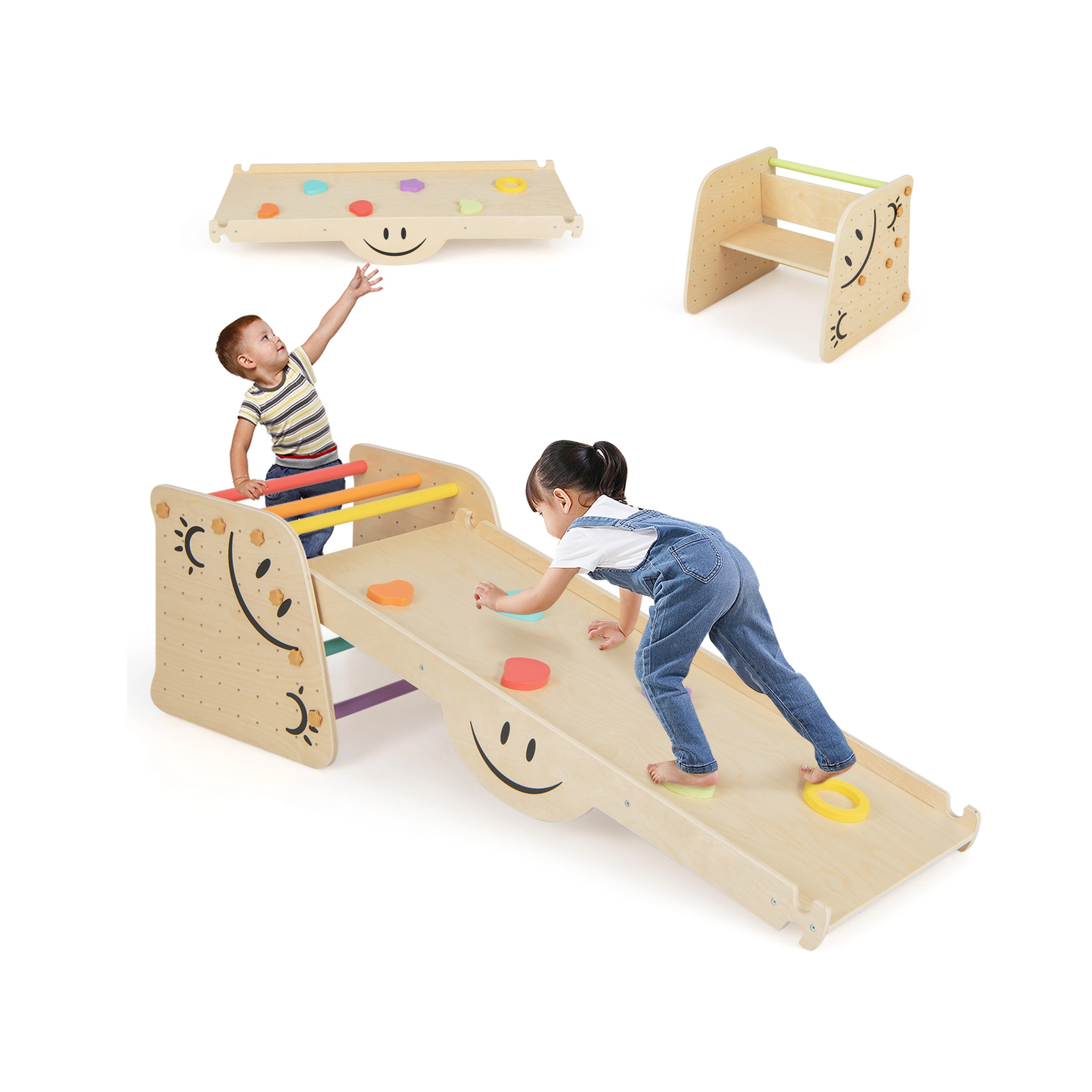SUGIFT Multicolor Seesaw and 47 Inch Ramp Kids Wooden Climbing Toy Triangle Climber Set
