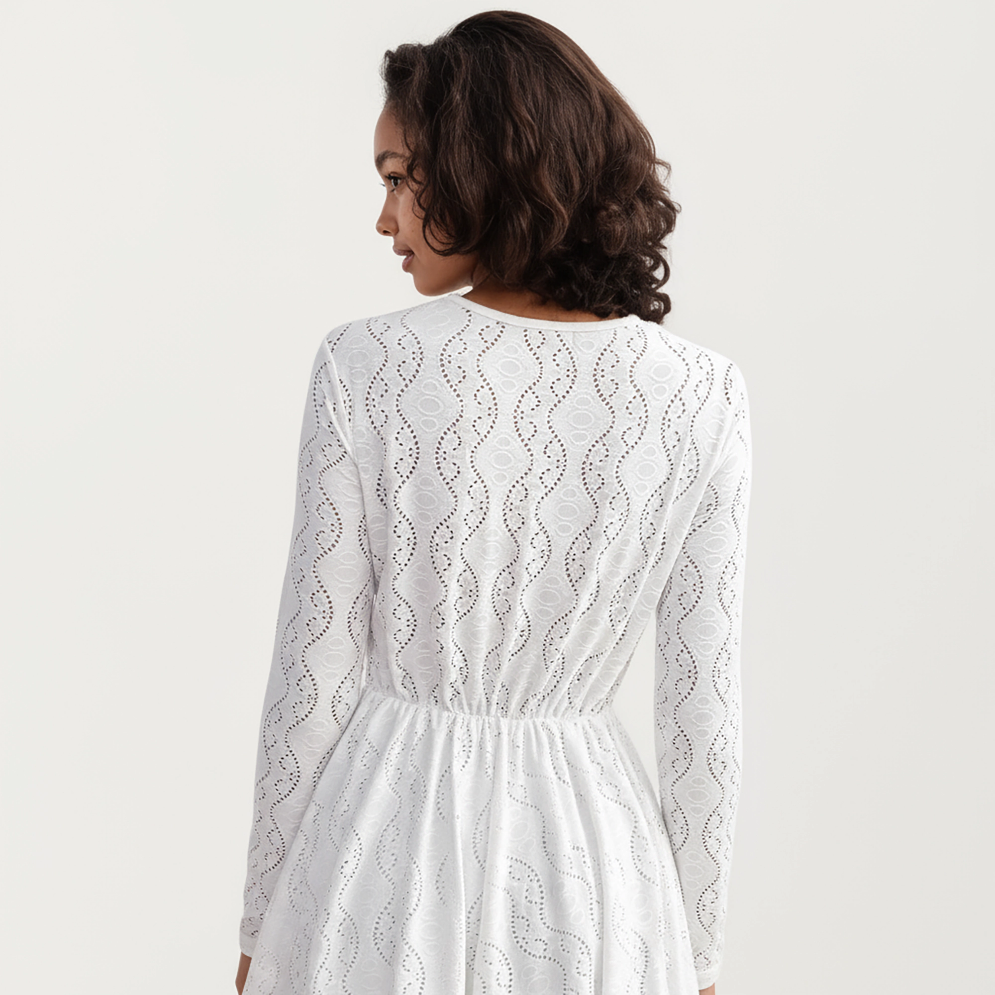 Anna-Kaci Women's Long Sleeve Lace V Neck Sheer Waist Detail Mini Dress