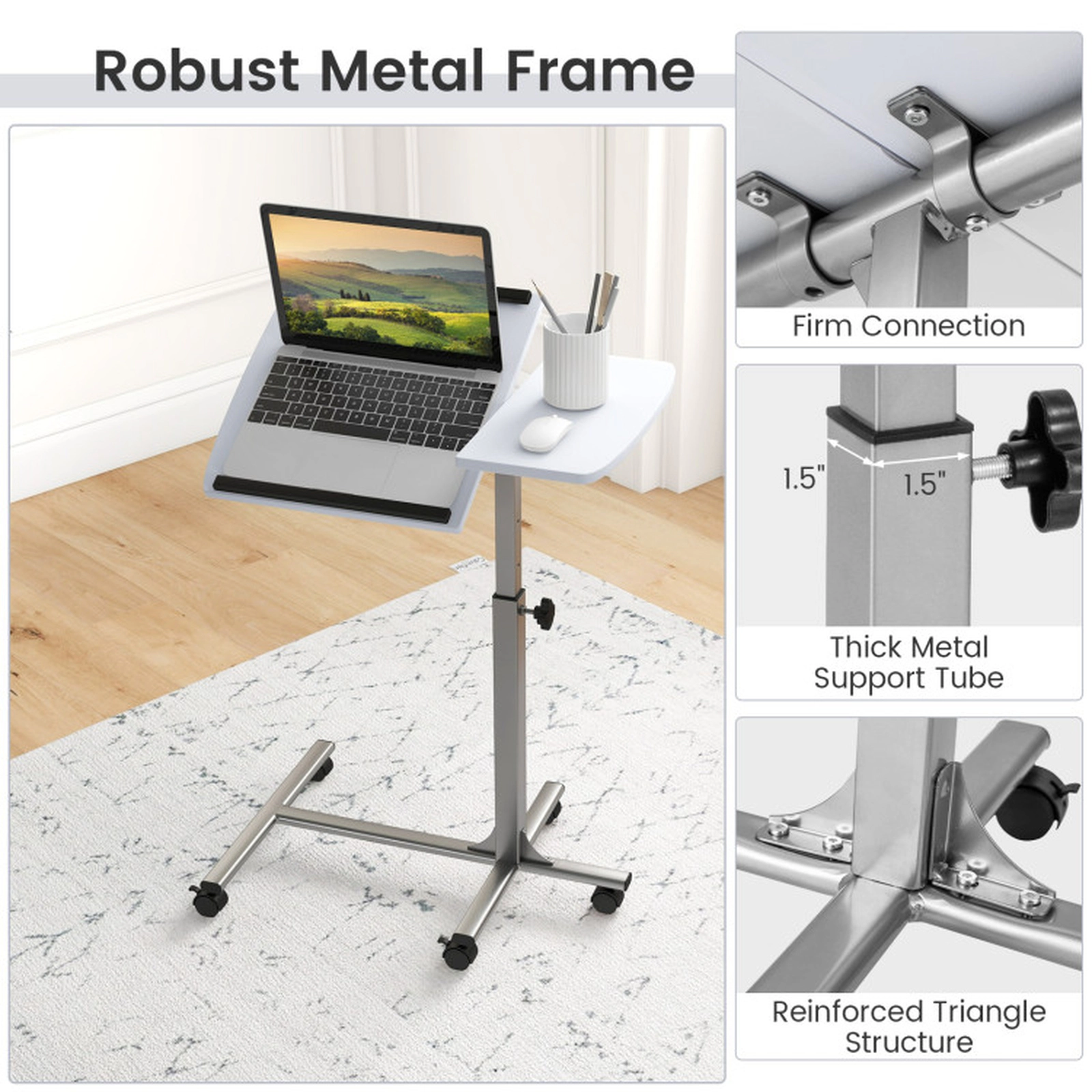 SUGIFT Tilting Top Swivel Casters Rolling Laptop Desk 23.5-in x 16-in 24.5-in to 36-in Height 33-lb Capacity White