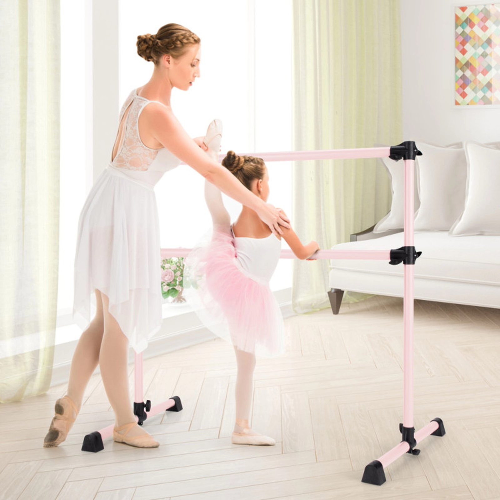 SUGIFT Pink 4-ft 220-lb Capacity 7-in to 46-in Height Adjustable Double Ballet Barre Bar with Anti-Skid Pads