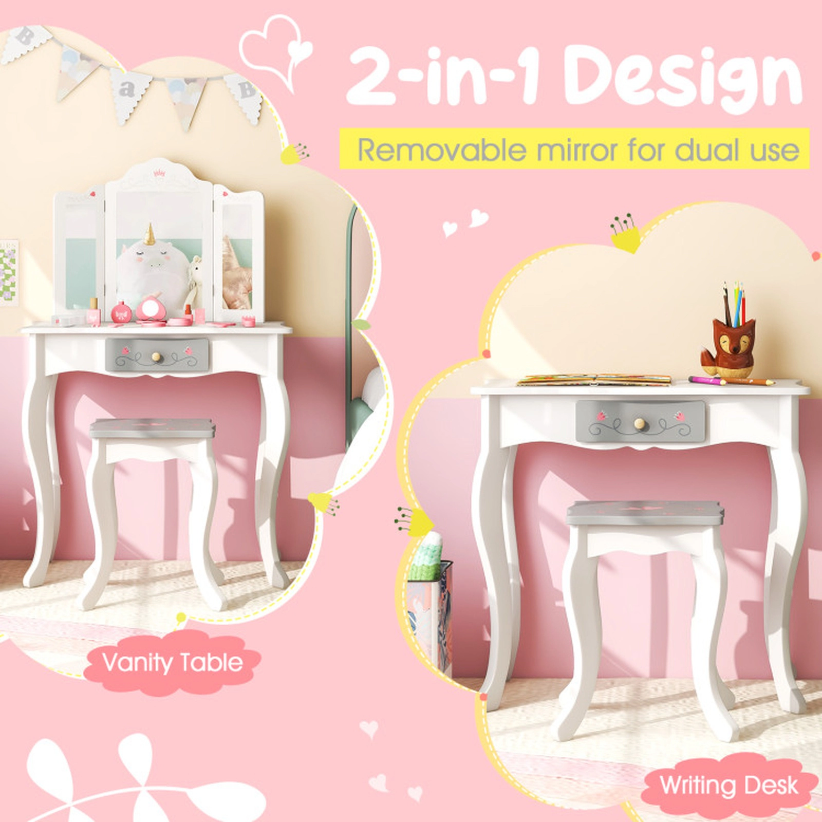 SUGIFT White Toddler Vanity Set with Chair and Removable Tri-Fold Acrylic Mirror