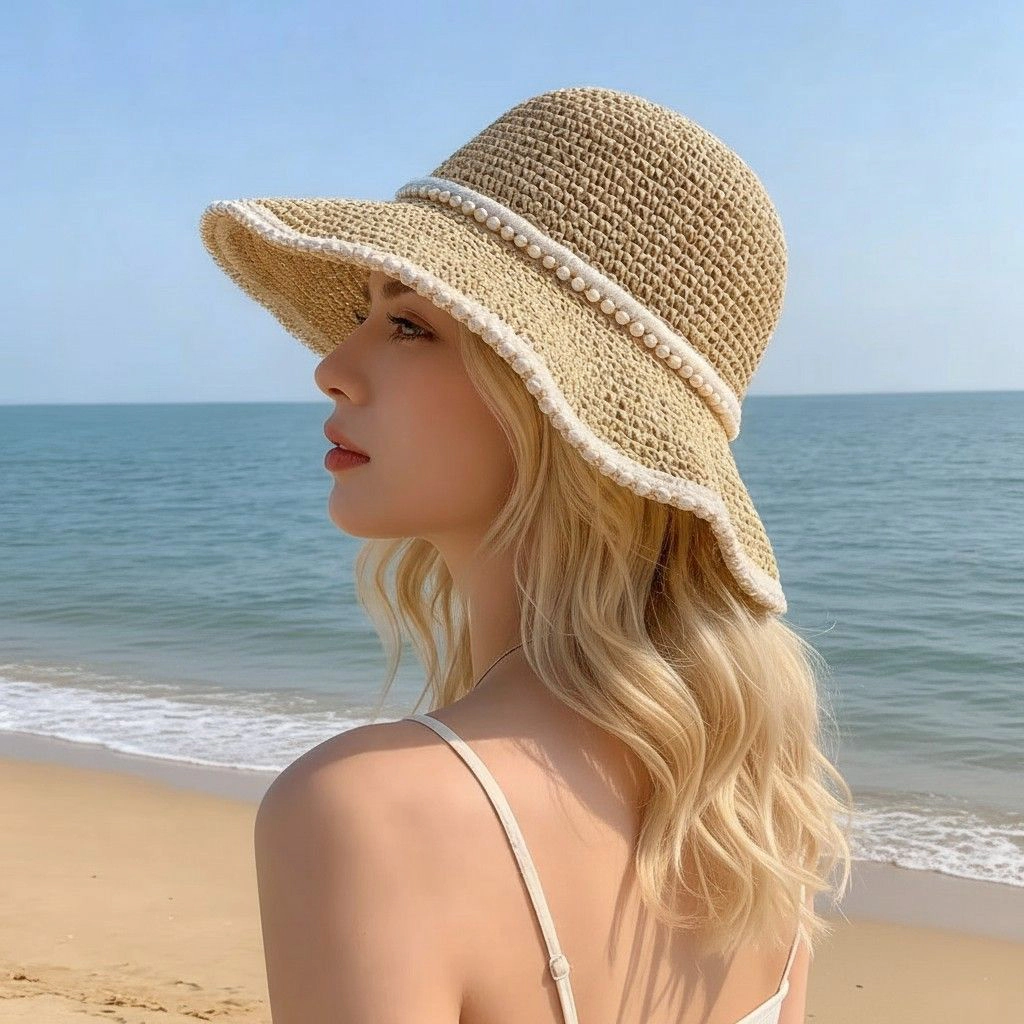 Anna-Kaci Womens Wide Brim Straw Sun Hat Fabric Trim Beach Vacation UV Protection Summer
