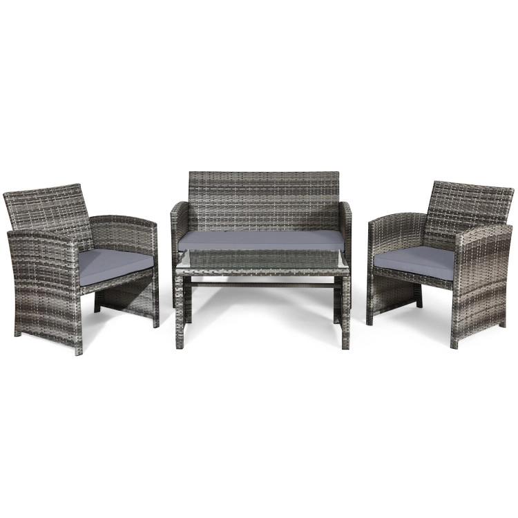 Hivvago 4 Pieces Patio Rattan Furniture Set With Glass Table And Loveseat-Gray