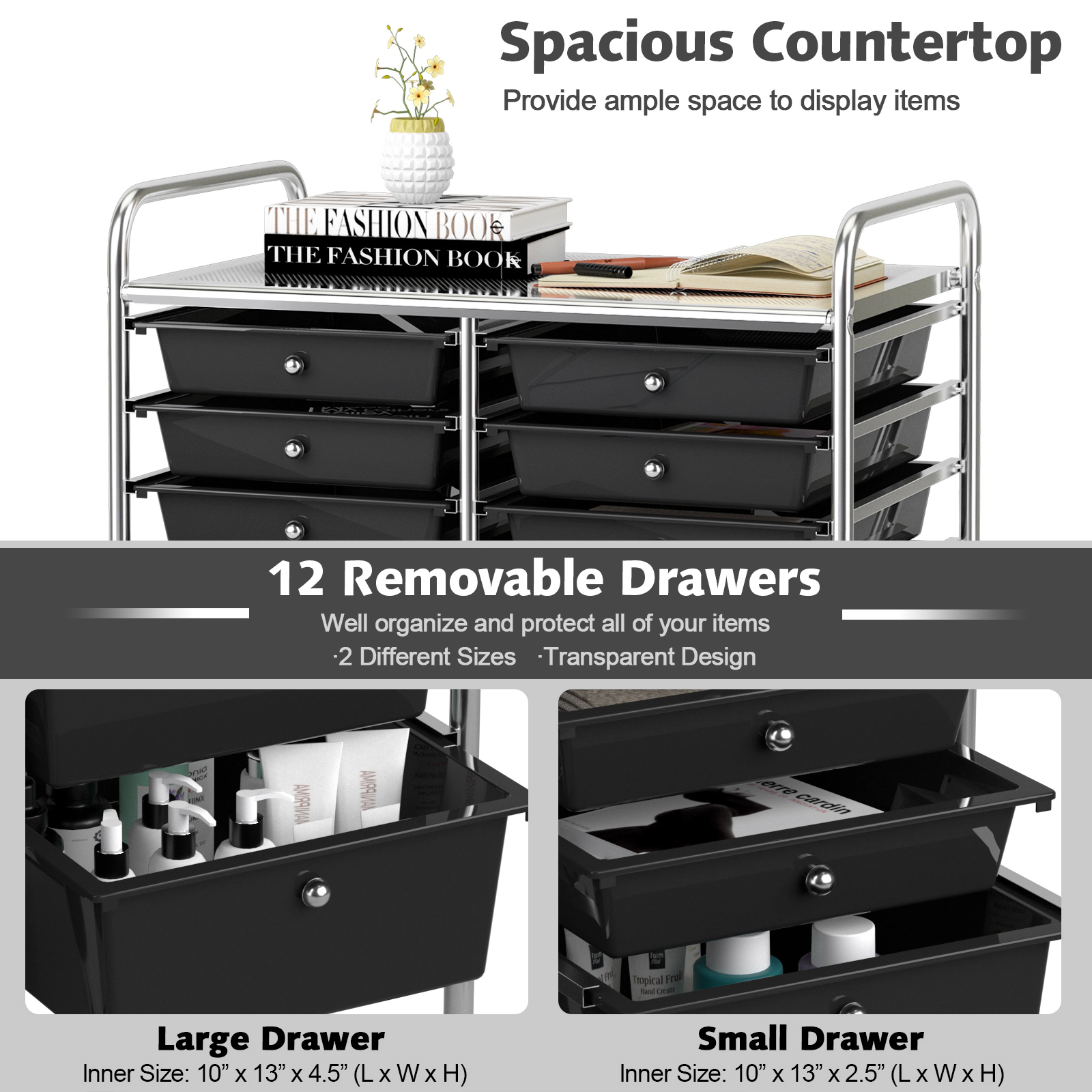 SUGIFT Black 29-in 12-Drawer Rolling Storage Cart Craft and Sewing Organizer with 4 Casters and Bins