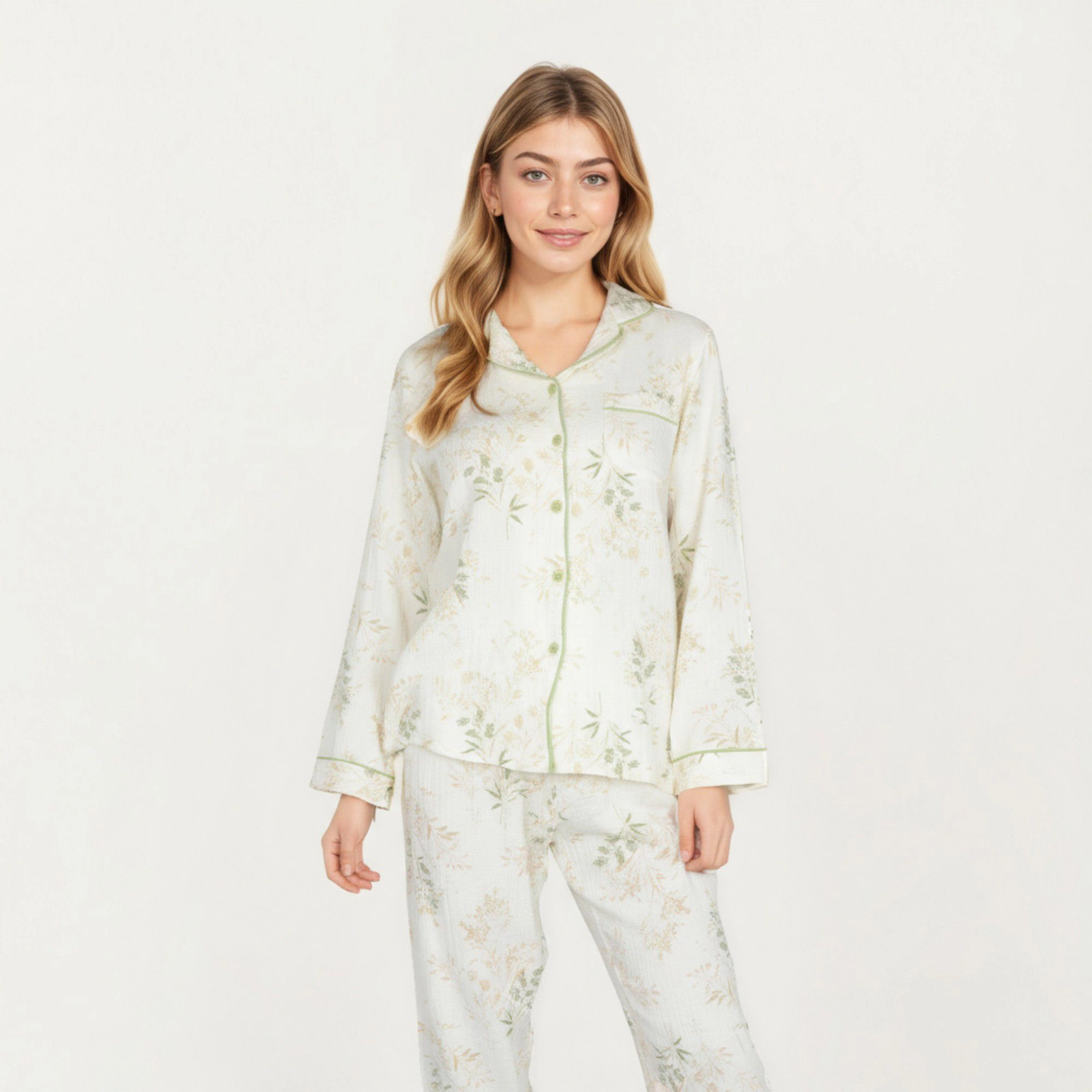 Anna-Kaci Women's 2-Piece Long Sleeve Button Front Top and Relaxed Fit Pants Pajama Set with Botanical Print