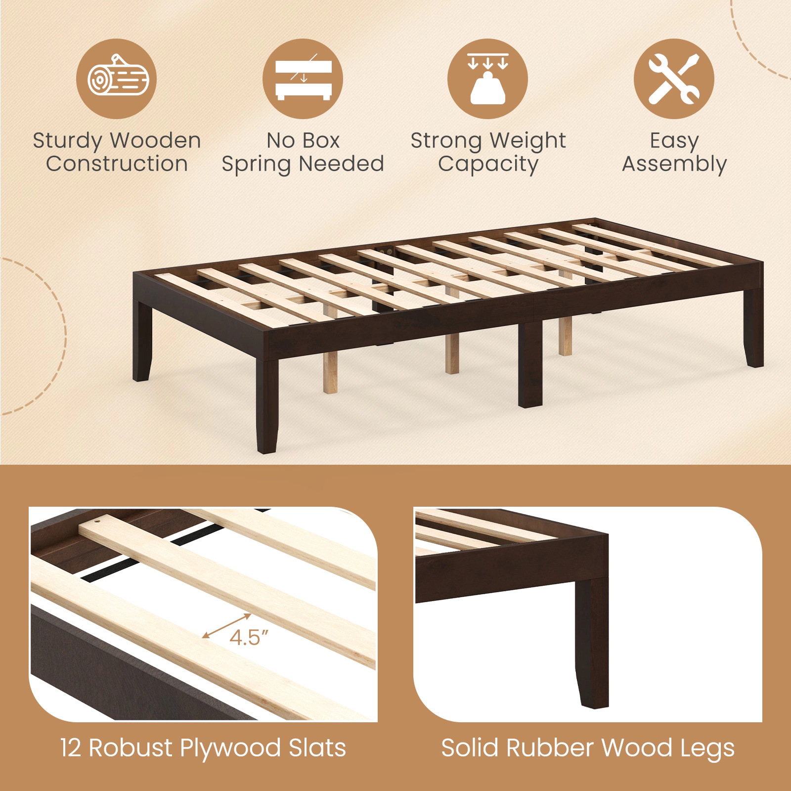 SUGIFT 14-in Twin Wood Platform Bed Frame Slats Support 400-lb Capacity 10.5-in Under-bed Storage Espresso/Natural