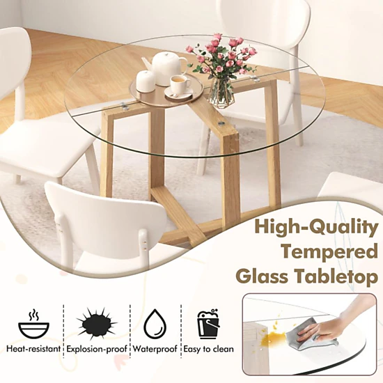 Hivvago Rubberwood Leg Round Dining Table with 42-Inch Tempered Glass Top