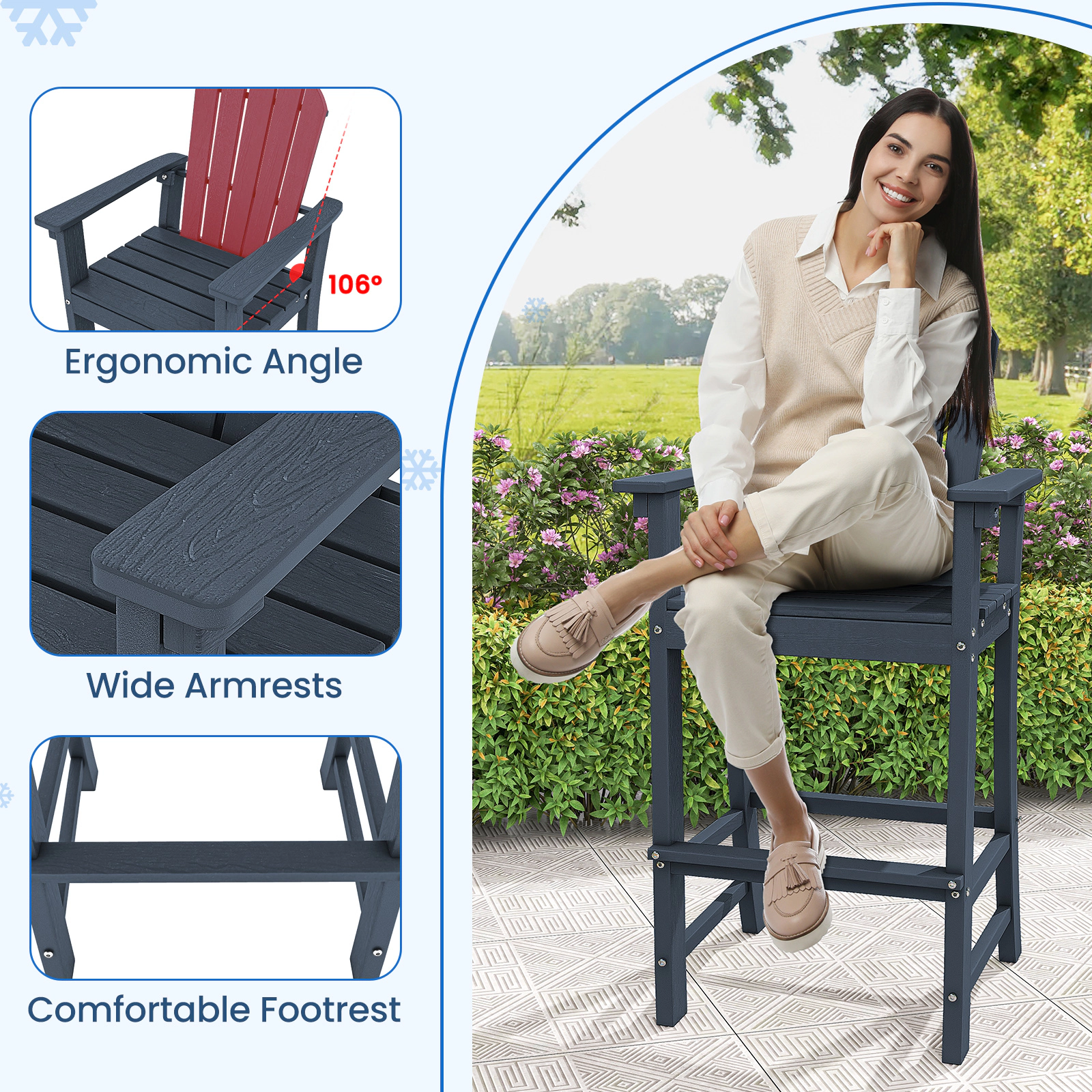 SUGIFT Set of 2 Outdoor HDPE Counter Height Bar Stool Chairs Armrests & Footrest 360-lb Capacity 52-in Tall Navy Bar Set