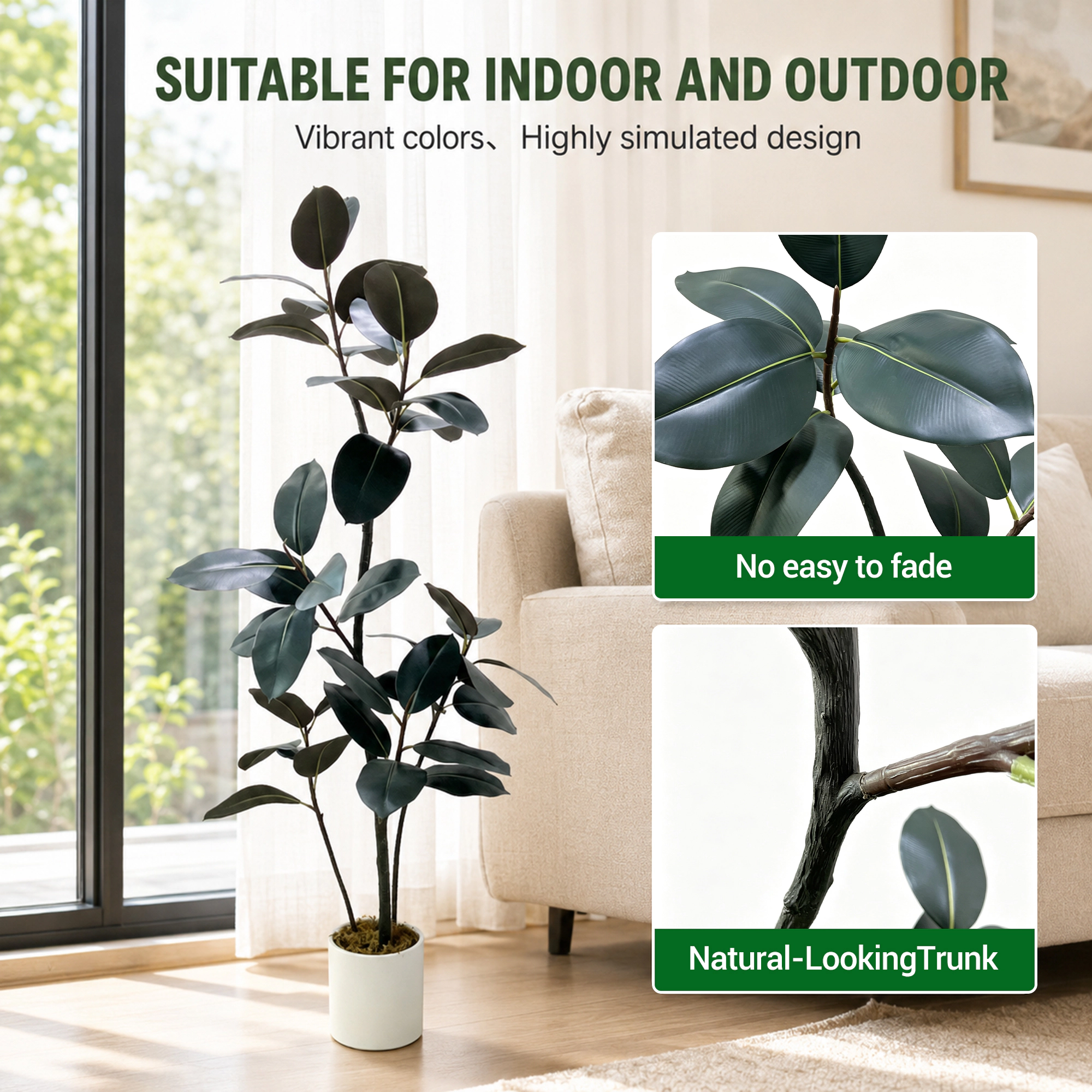6FT Artificial Rubber Tree with Pot Large Indoor Fake