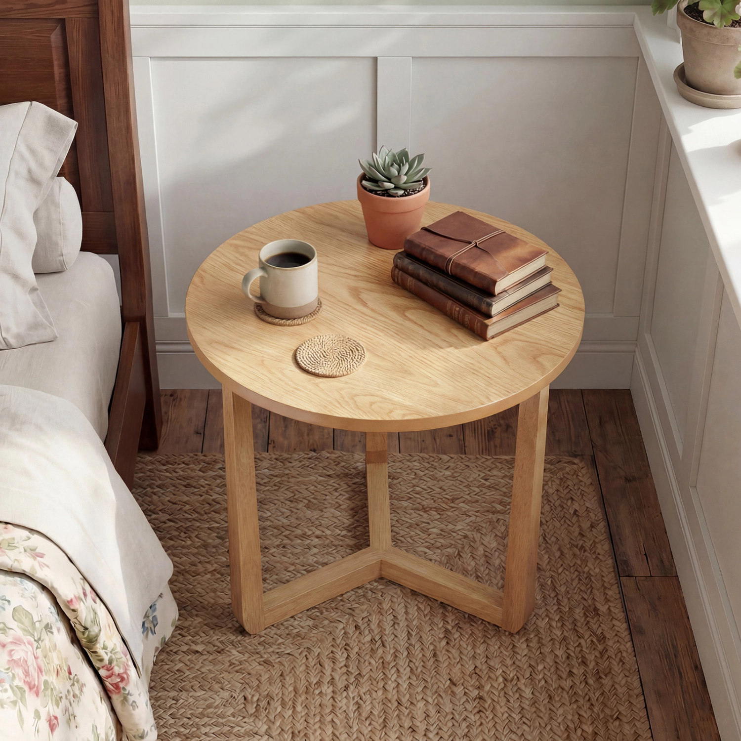 LJG 22.5 Inch Round Side Table Farmhouse End Table with Sturdy Rubber Wood Legs and Triangular Structure