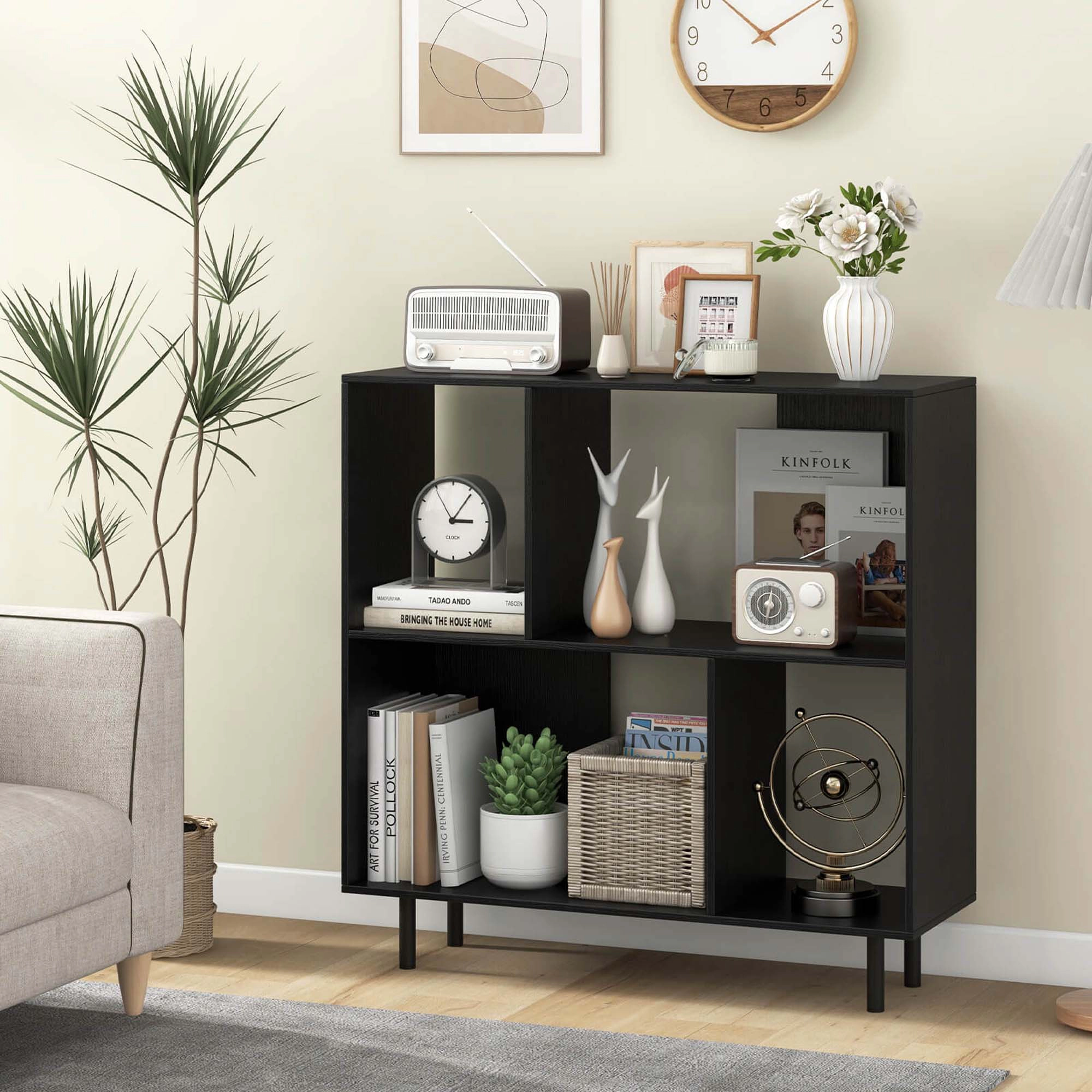 Costway Open Shelf Bookcase Mid Century Modern Cube Bookshelf with 4 Compartments Black