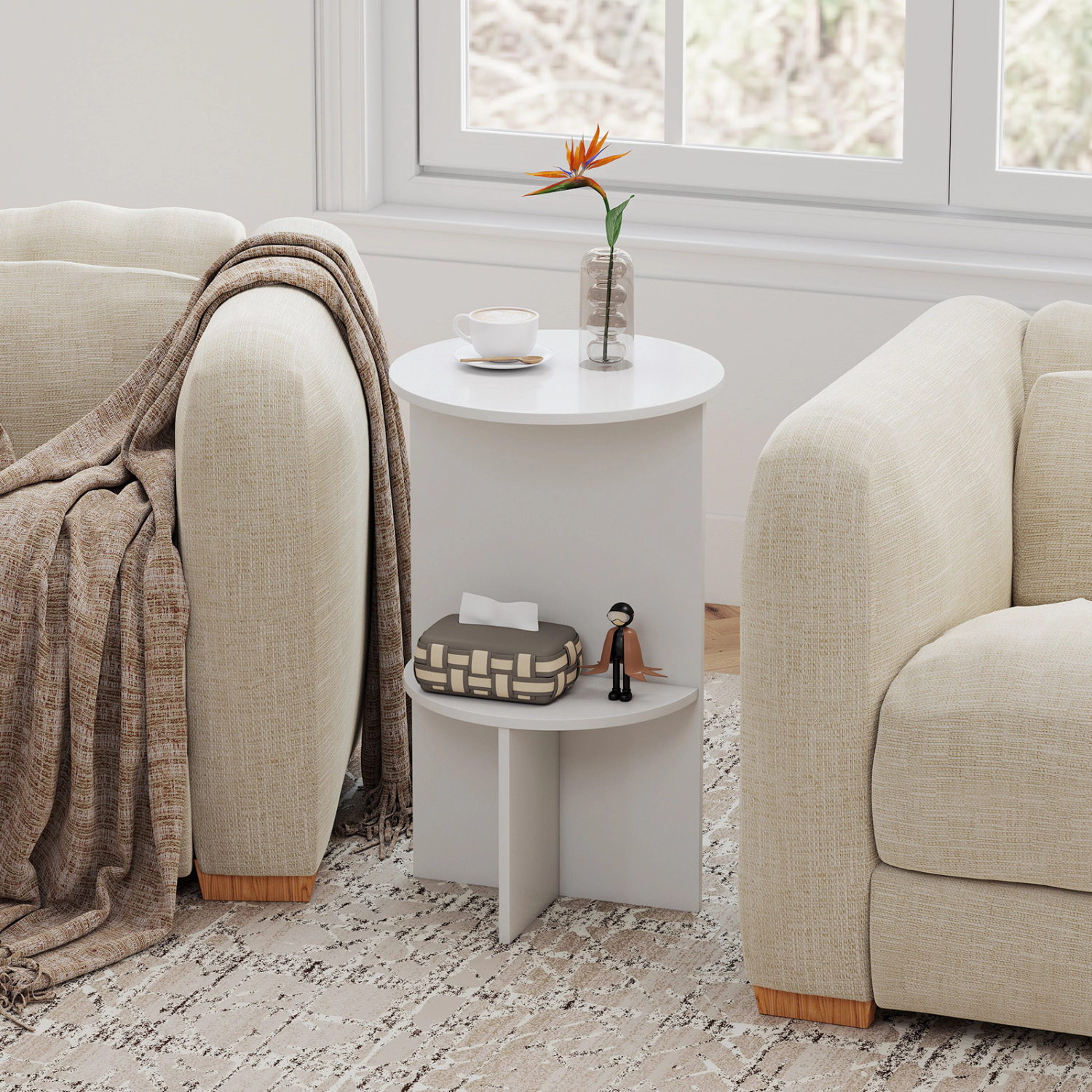 LJG 2-Tier Round Side Table with Storage Shelf for Small Space