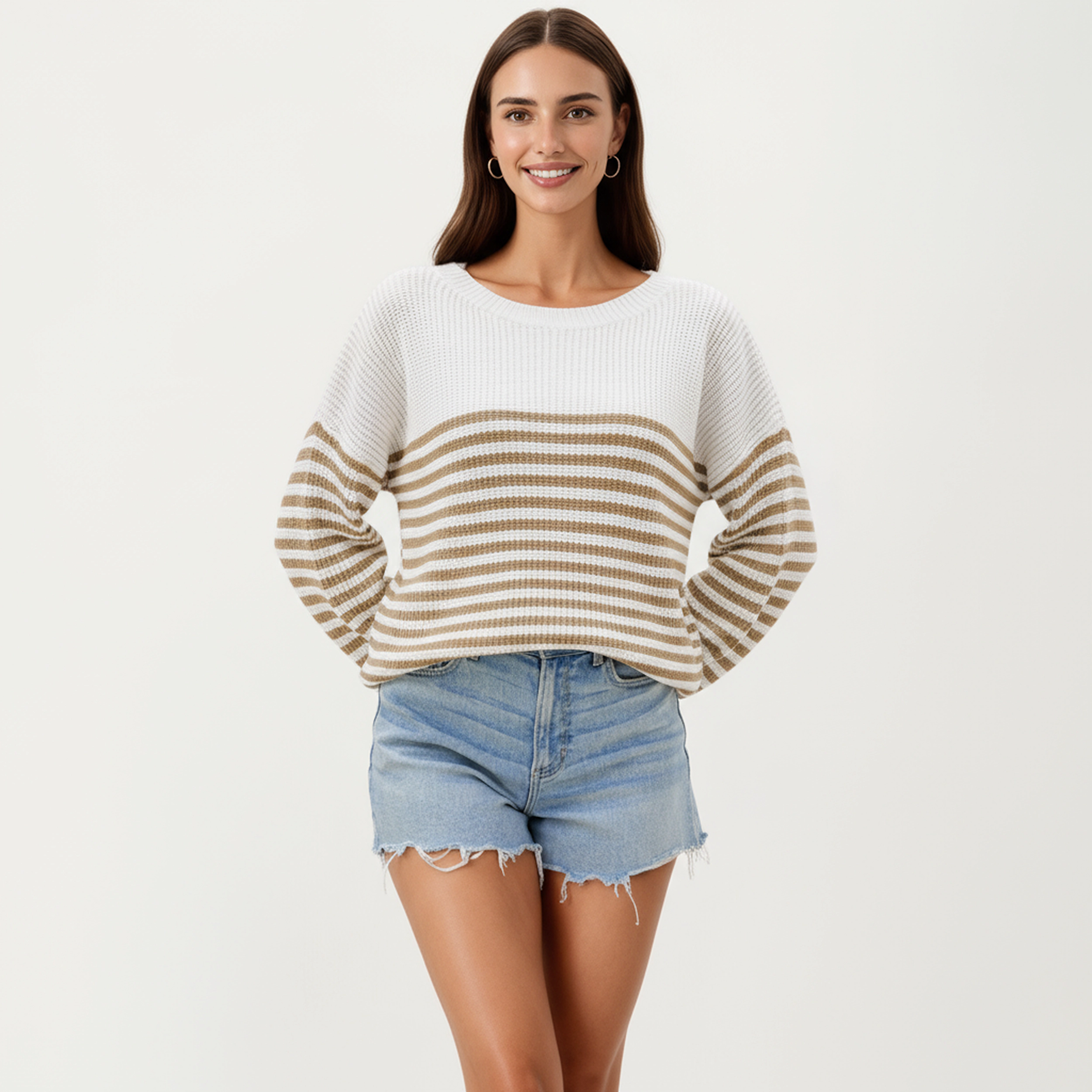 Anna-Kaci Women's Striped Knit Pullover Sweater with Relaxed Fit and Ribbed Hem