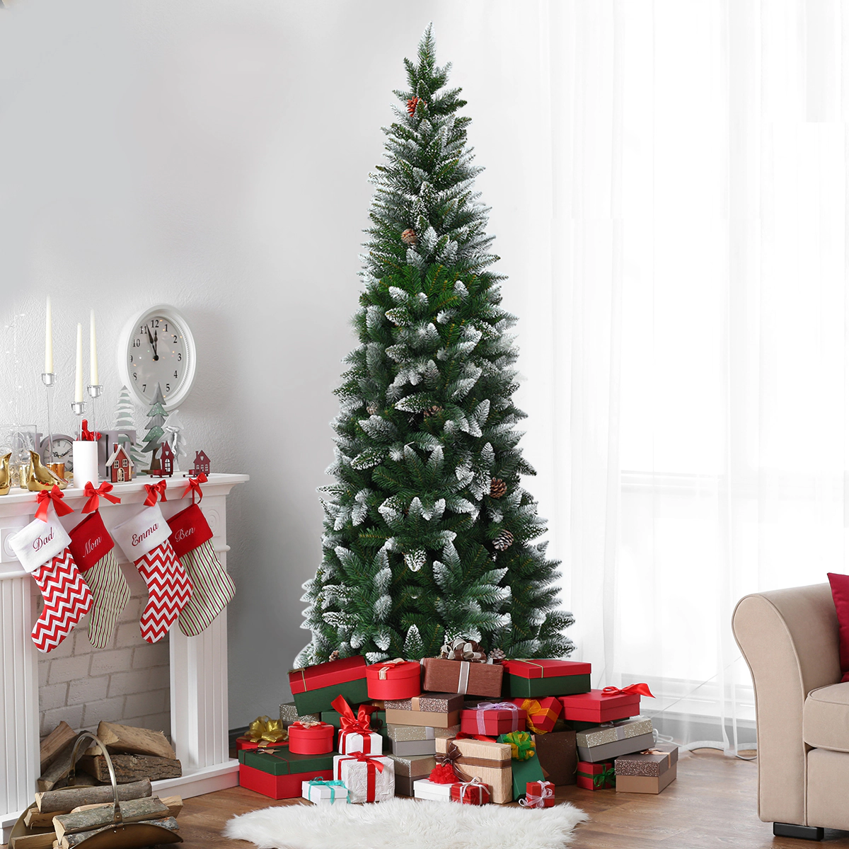 Costway 6ft Snow Flocked Unlit Pencil Christmas Tree Hinged Pine Cones