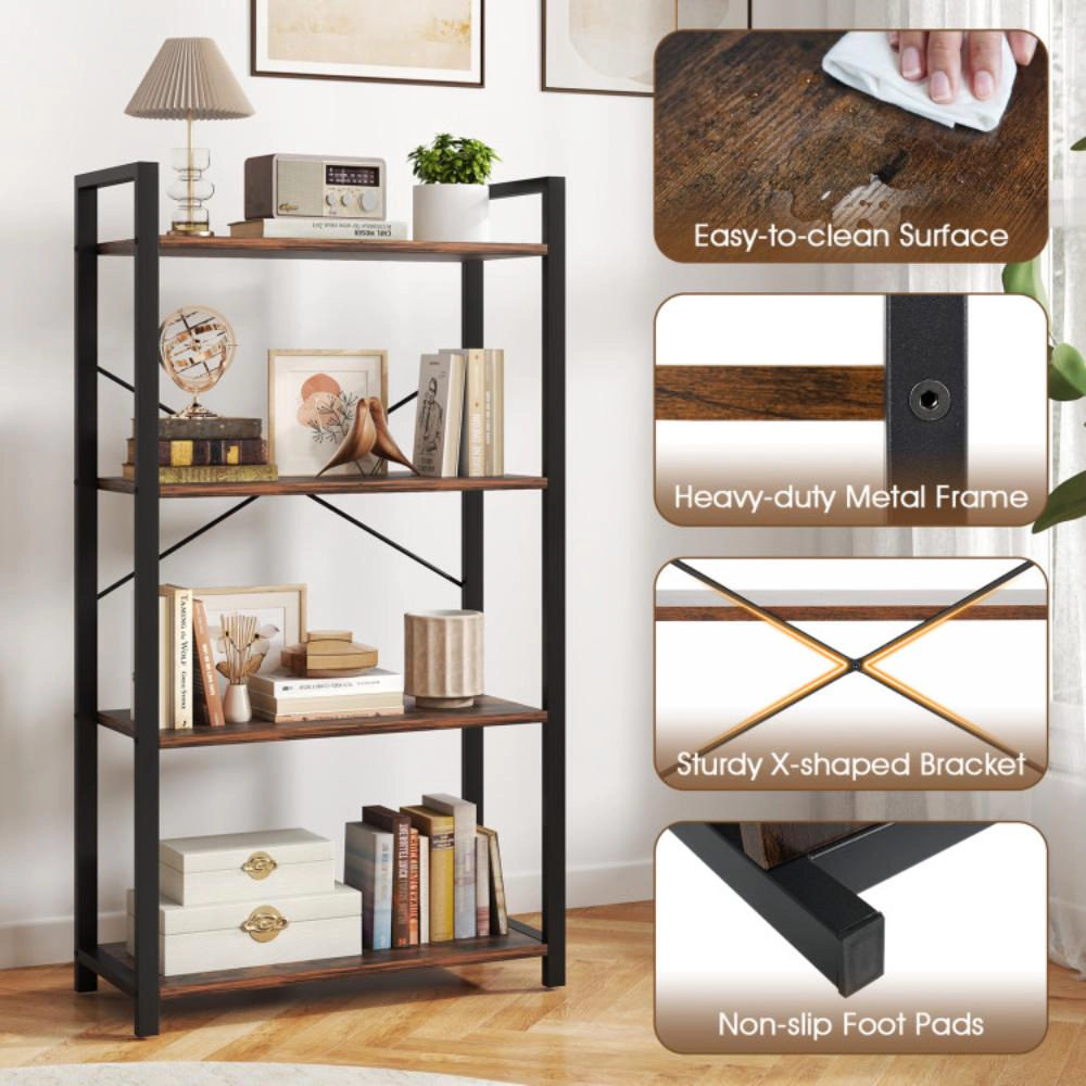 Hivvago 4-Tier Bookshelf with Heavy Duty Metal Frame Industrial Display Shelf-Rustic Brown