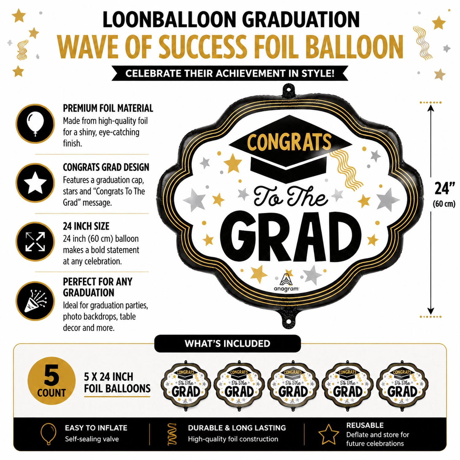 LoonBalloon 24 in Graduation Wave of Success Foil Balloons, 5 Pack