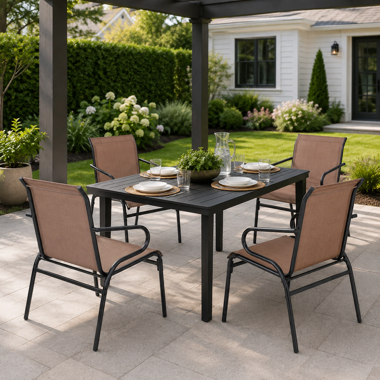 SUGIFT Coffee Breathable Fabric Metal Frame and Curved Armrests Set of 4 Patio Dining Chairs