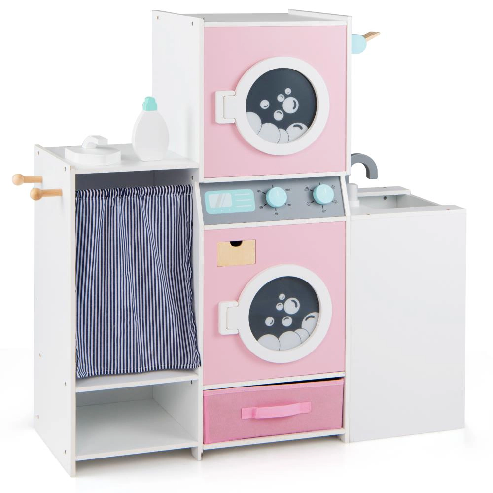 Hivvago Wooden Kids Laundry Playset with Laundry Detergent Bottle and Clothes Hangers