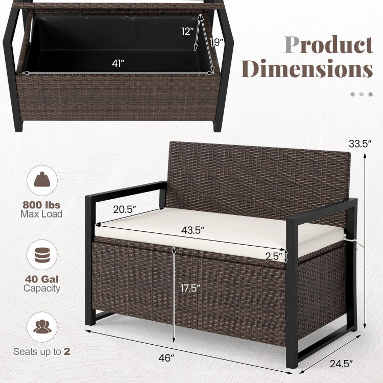 SUGIFT 2-Seat 40-Gallon Off White Cushion PE Rattan Storage Bench 46-in x 24.5-in x 33.5-in 800-lb Capacity Brown