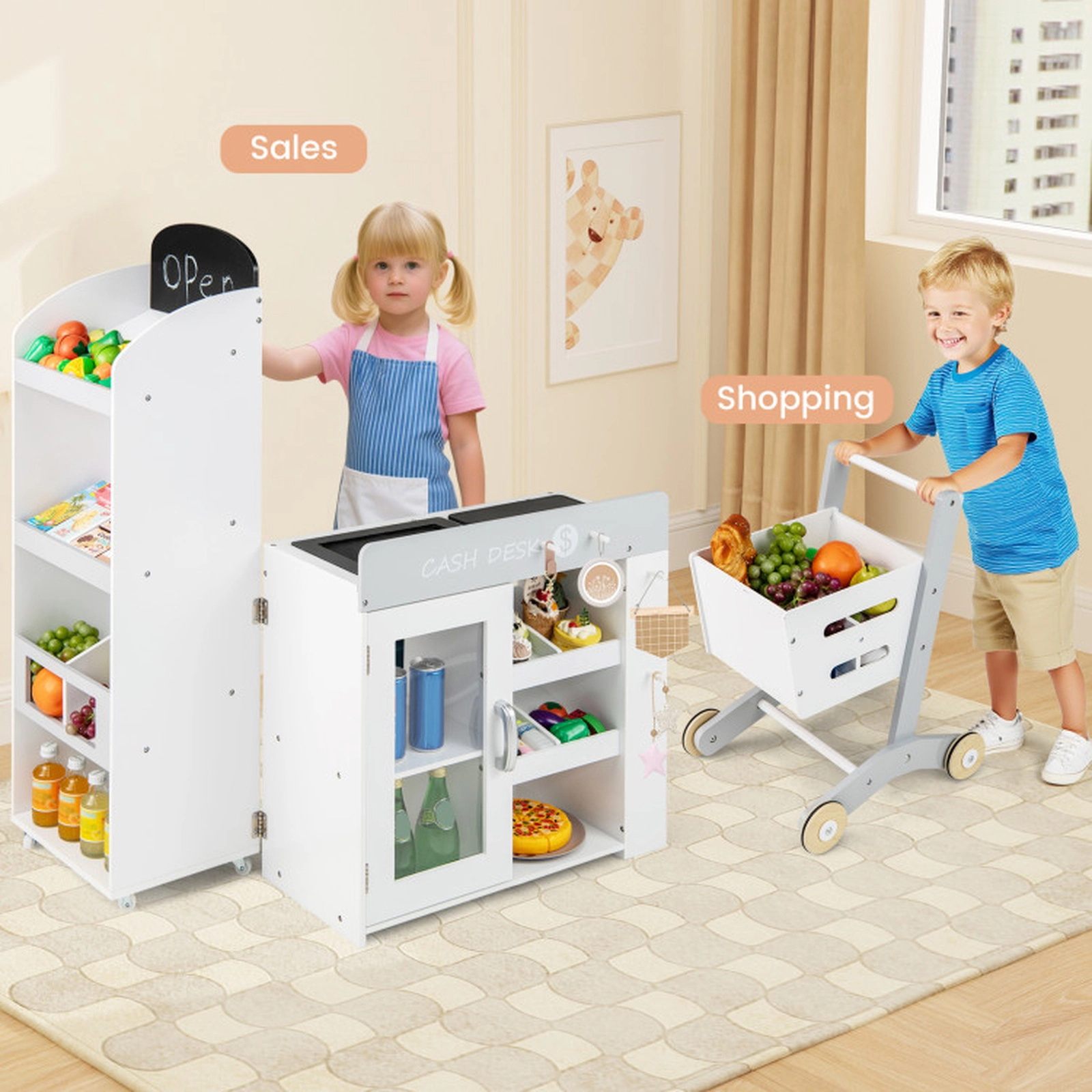 SUGIFT White Shopping Cart Kids Convertible Wooden Grocery Store Playset