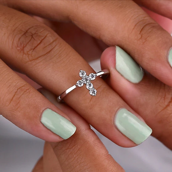Wardrobe Whimsy Womens Dainty Cross Cubic Zirconia Ring Silver Tone Minimalist Thin Band Religious Promise Ring