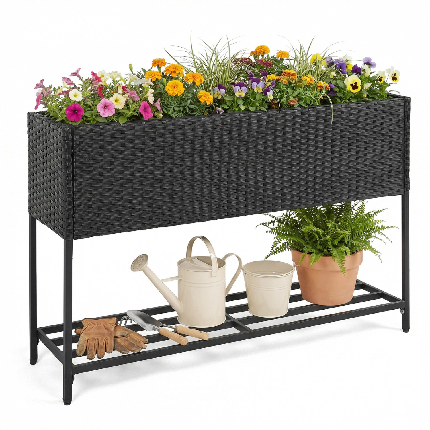 LJG Raised Wicker Garden Bed with Storage Shelf and Removable Liner