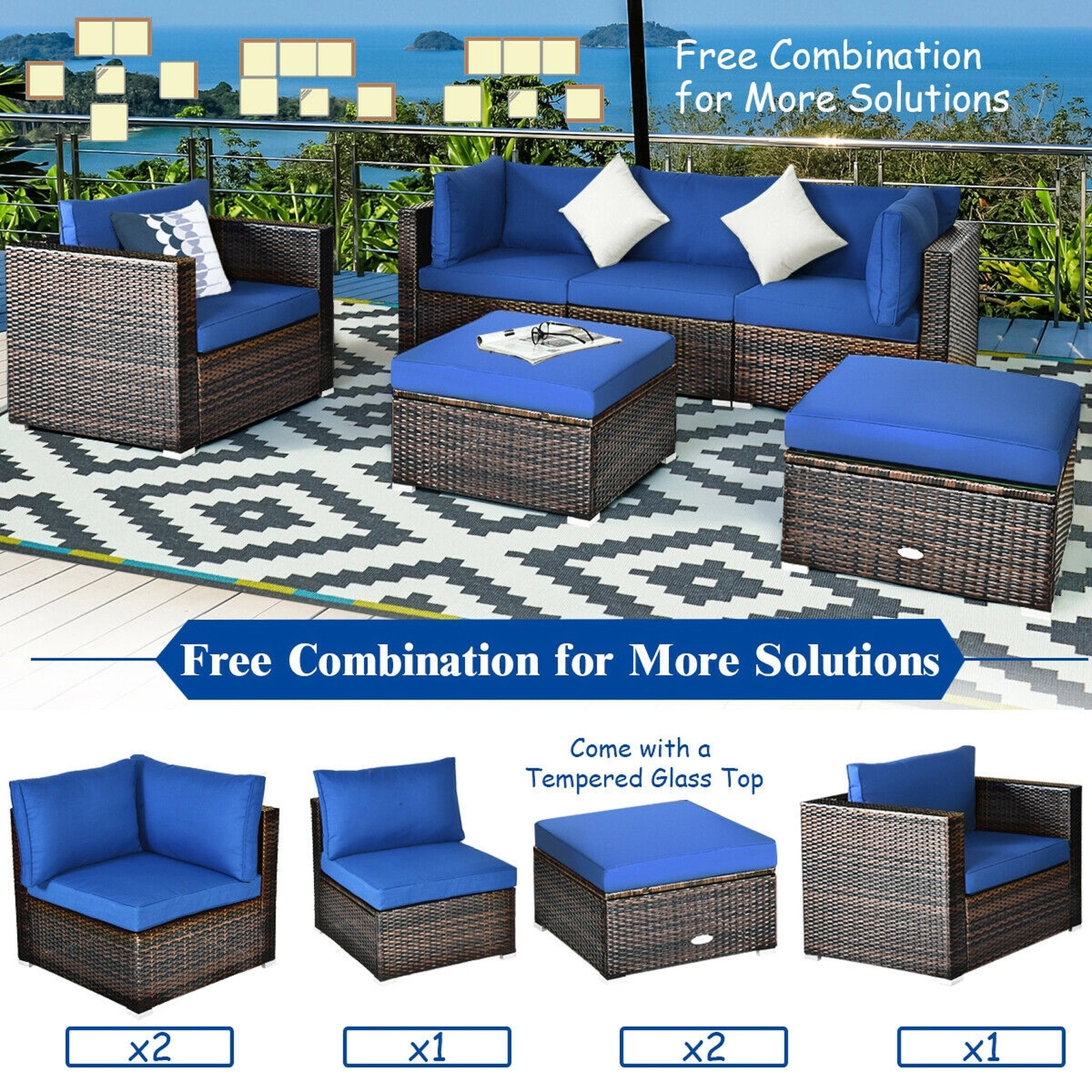 SUGIFT 6 Piece Patio Rattan Furniture Set Blue Sectional Sofa with Ottoman and Cushions