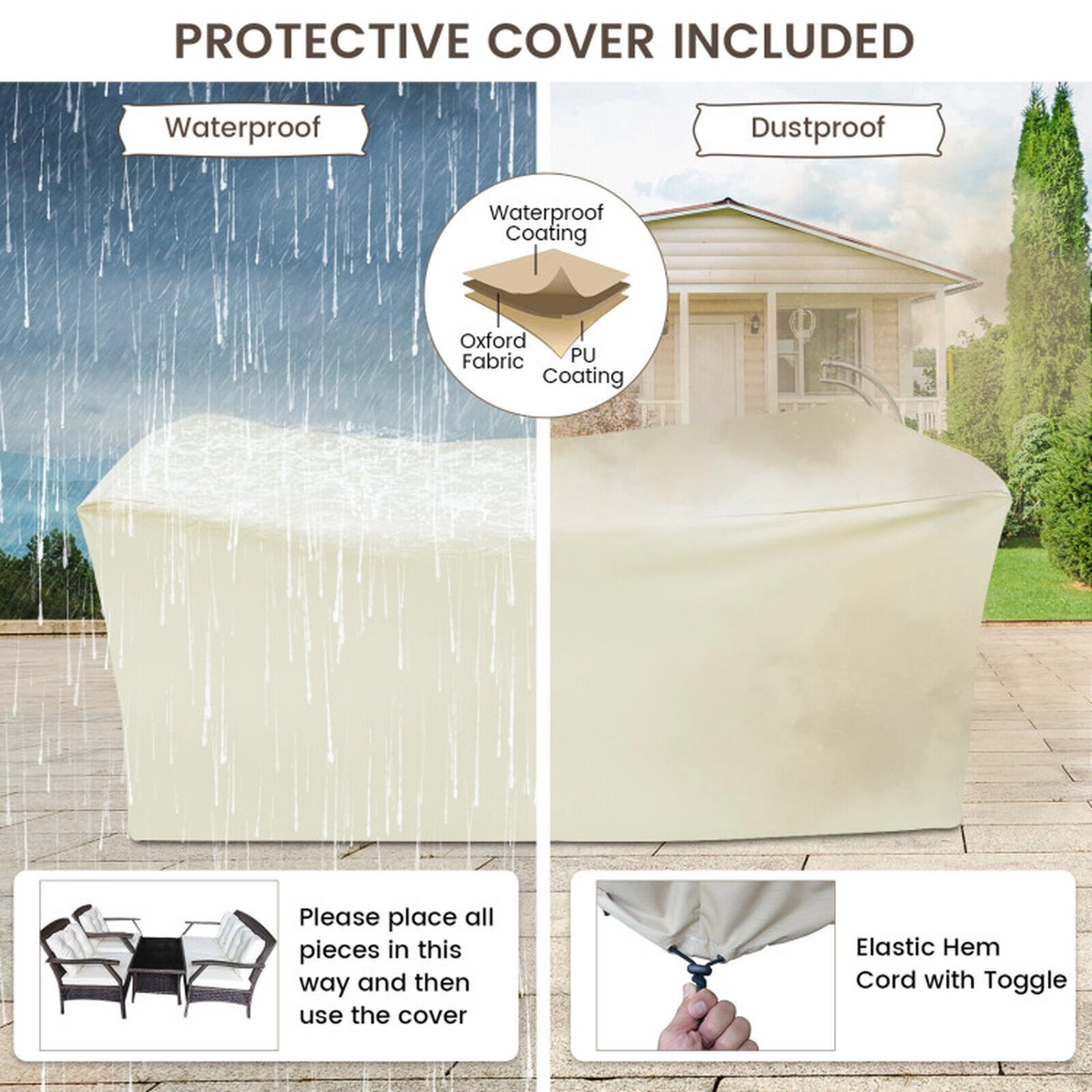 SUGIFT 4-Piece Off White Rattan Patio Conversation Set with Cover 48-in W 32.5-in H 800-lb Loveseat Capacity