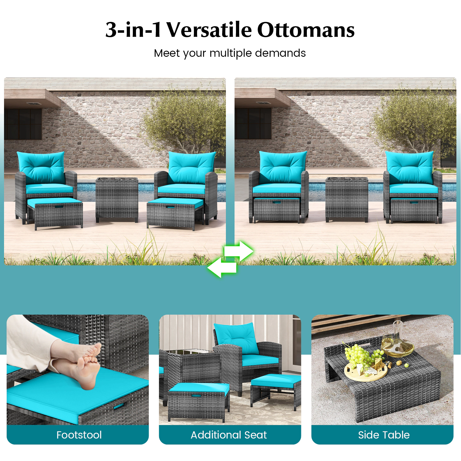 SUGIFT 2 Ottomans and Glass Top Coffee Table 5-Piece Turquoise Patio Rattan Set