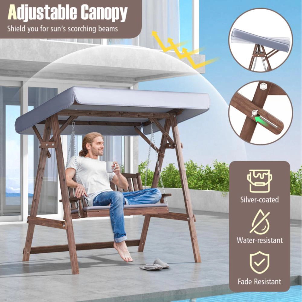 Hivvago 2-Person Porch Swing With Fir Wood Stand And Tilt Canopy-Brown