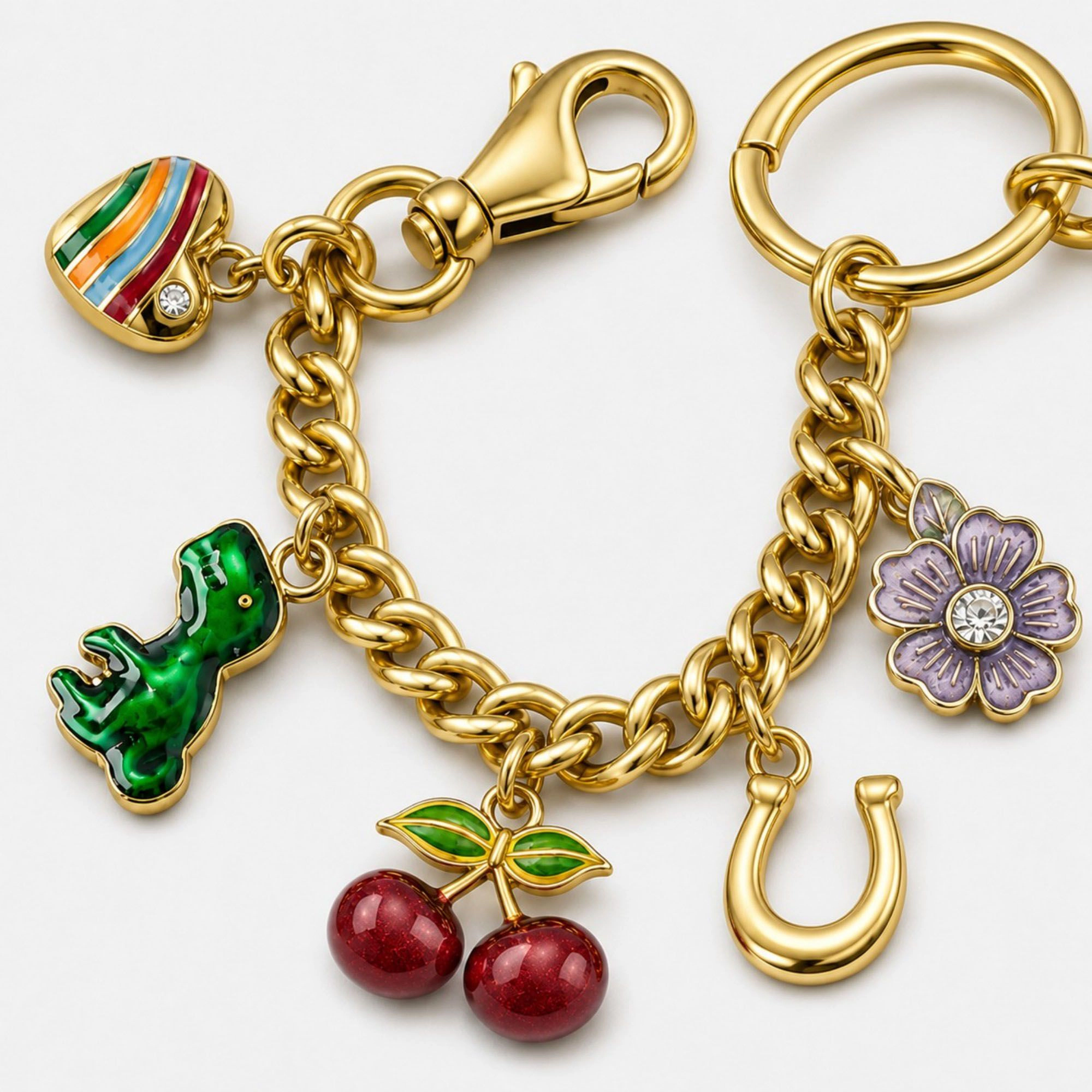 Alilang Women's Gold Tone Charm Chain Bag Accessory with Cherry Dinosaur Heart Flower and Horseshoe Accents