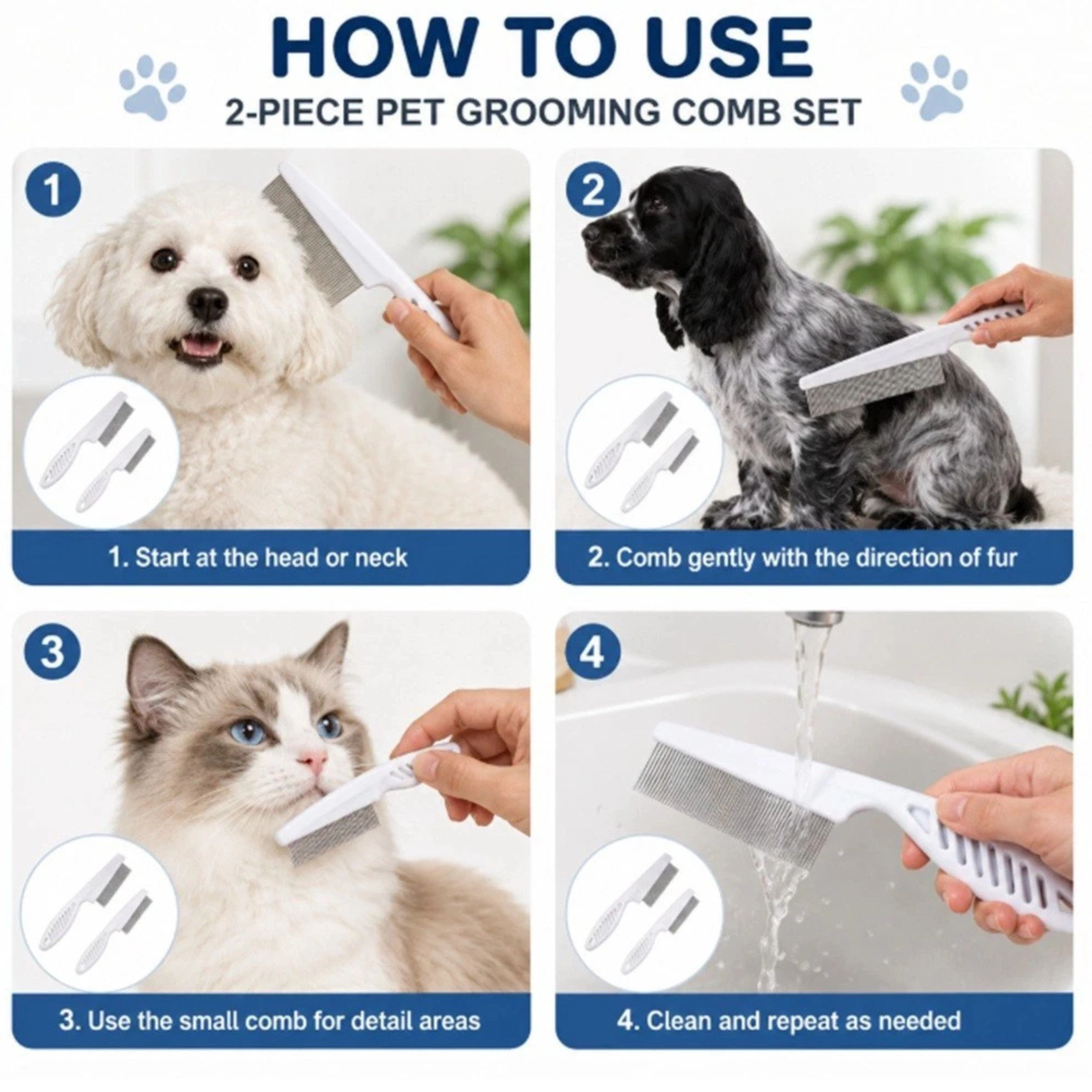 Home Collection Pack of 2 Stainless Steel Pet Detangling Comb Set for Dogs & Cats