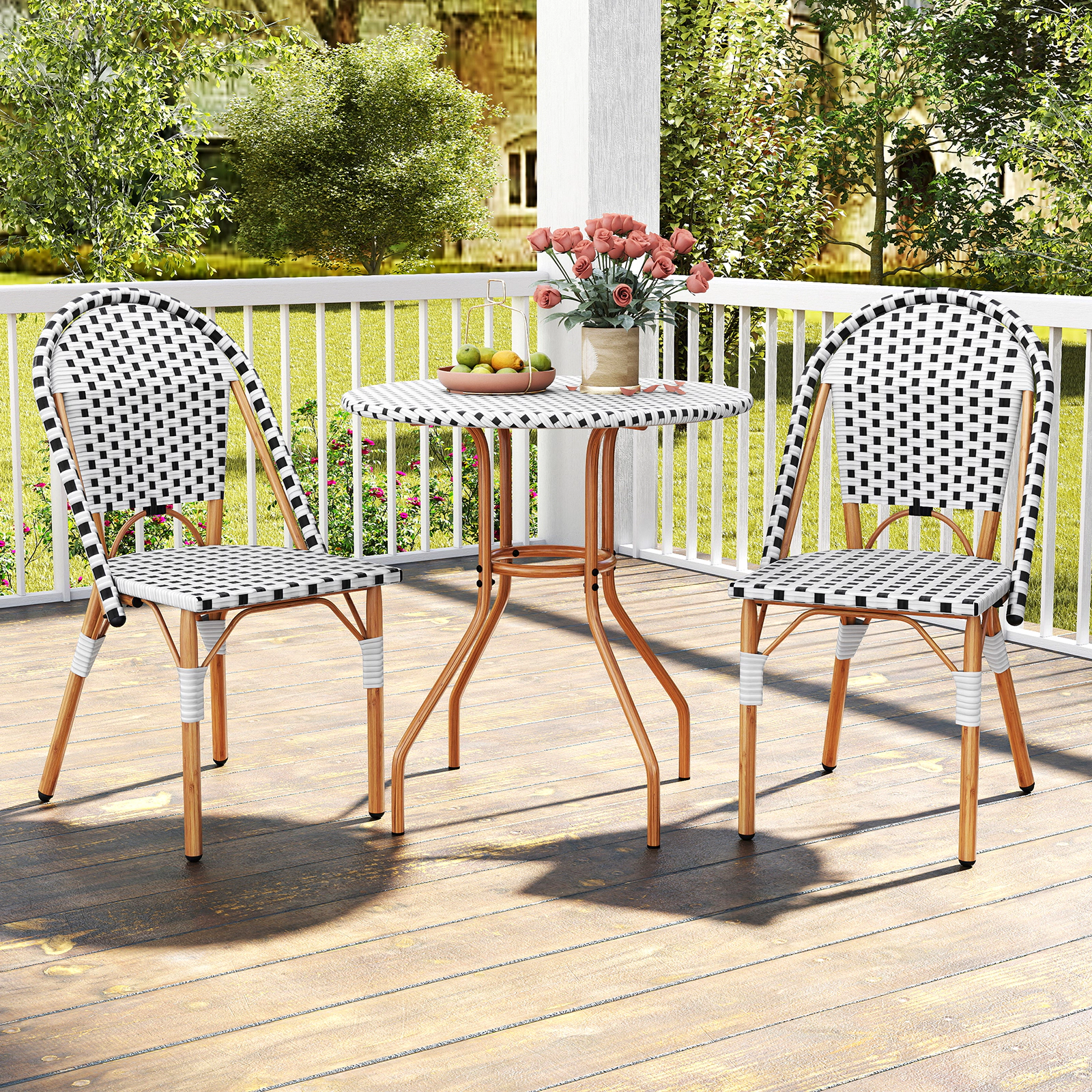 SUGIFT 3 Piece French Bistro Table & Chair Set Woven PE Rattan 110-lb Table 330-lb Chair Capacity Black/White Natural