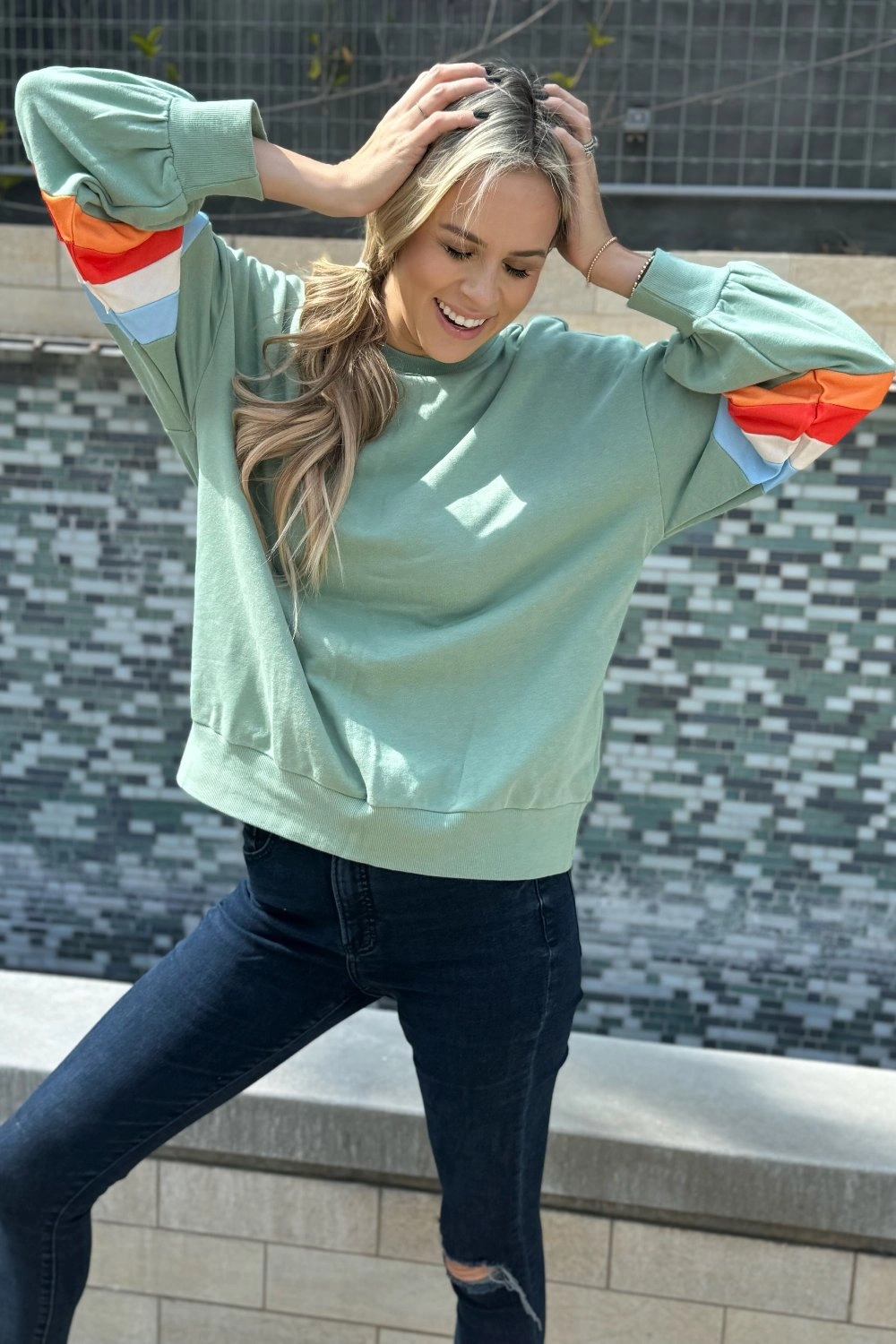 Threaded Pear Women's Ella Striped Sleeve Loose Sweatshirt
