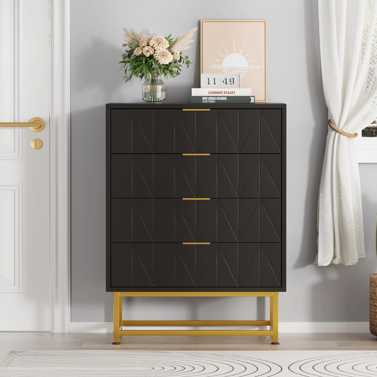 Modern 4 Drawer Wood Dresser with Metal Legs, Wide Storage Chest Organizer for Bedroom Living Room
