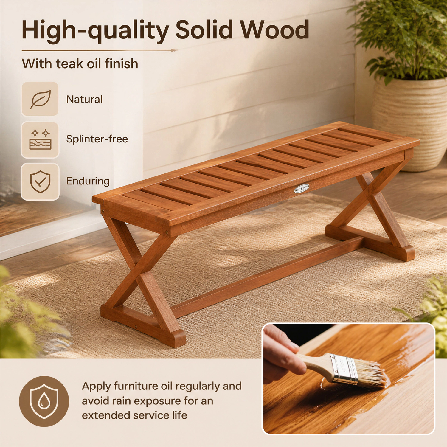 LJG 2-Person 44" Solid Wood Outdoor Bench with Slatted Seat for Patio Park Balcony